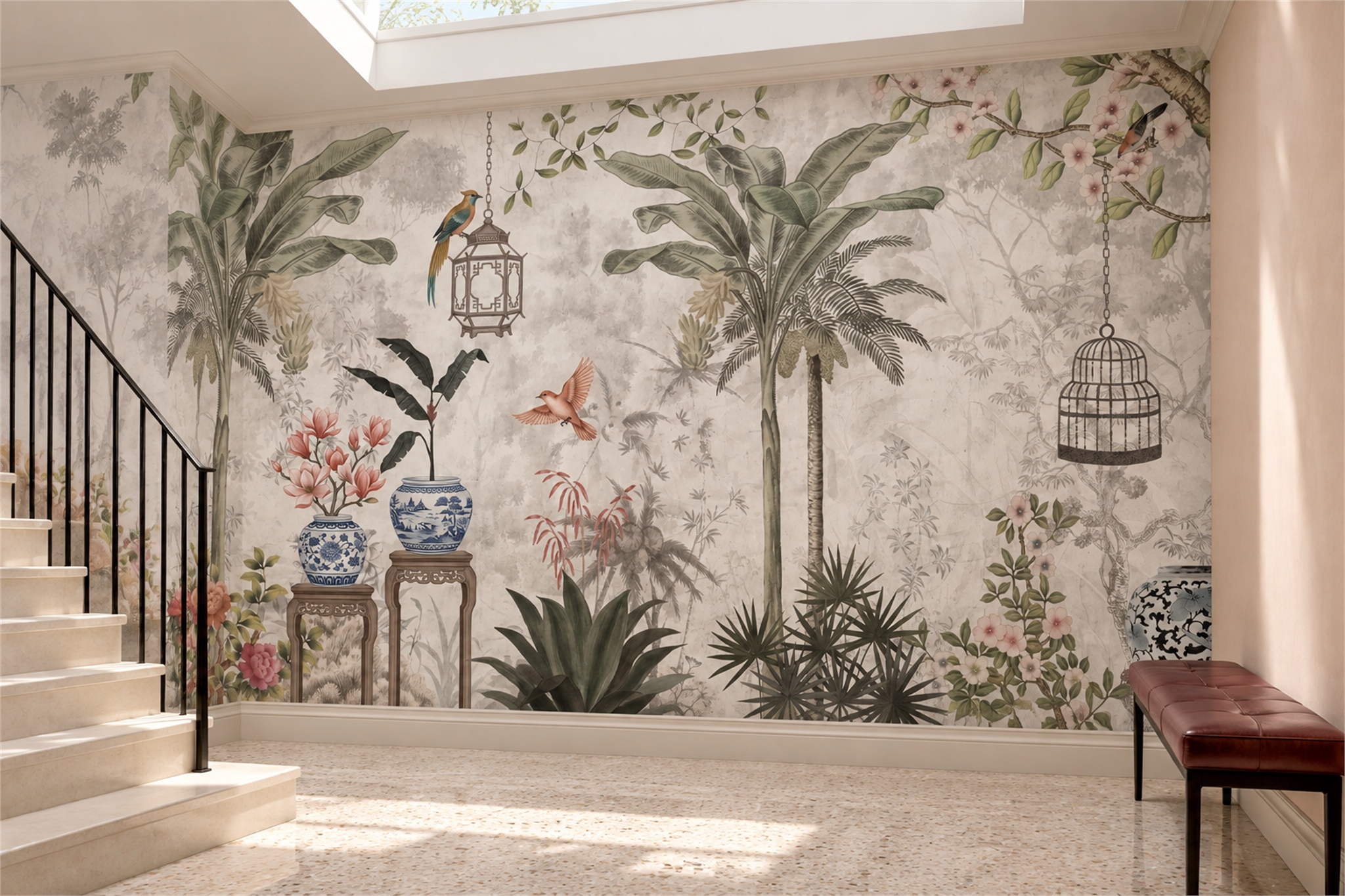 Taupe Pattern Decorative Bird Wallpaper Mural Accent-wall-wallpaper-murals, Peel-and-stick Finish