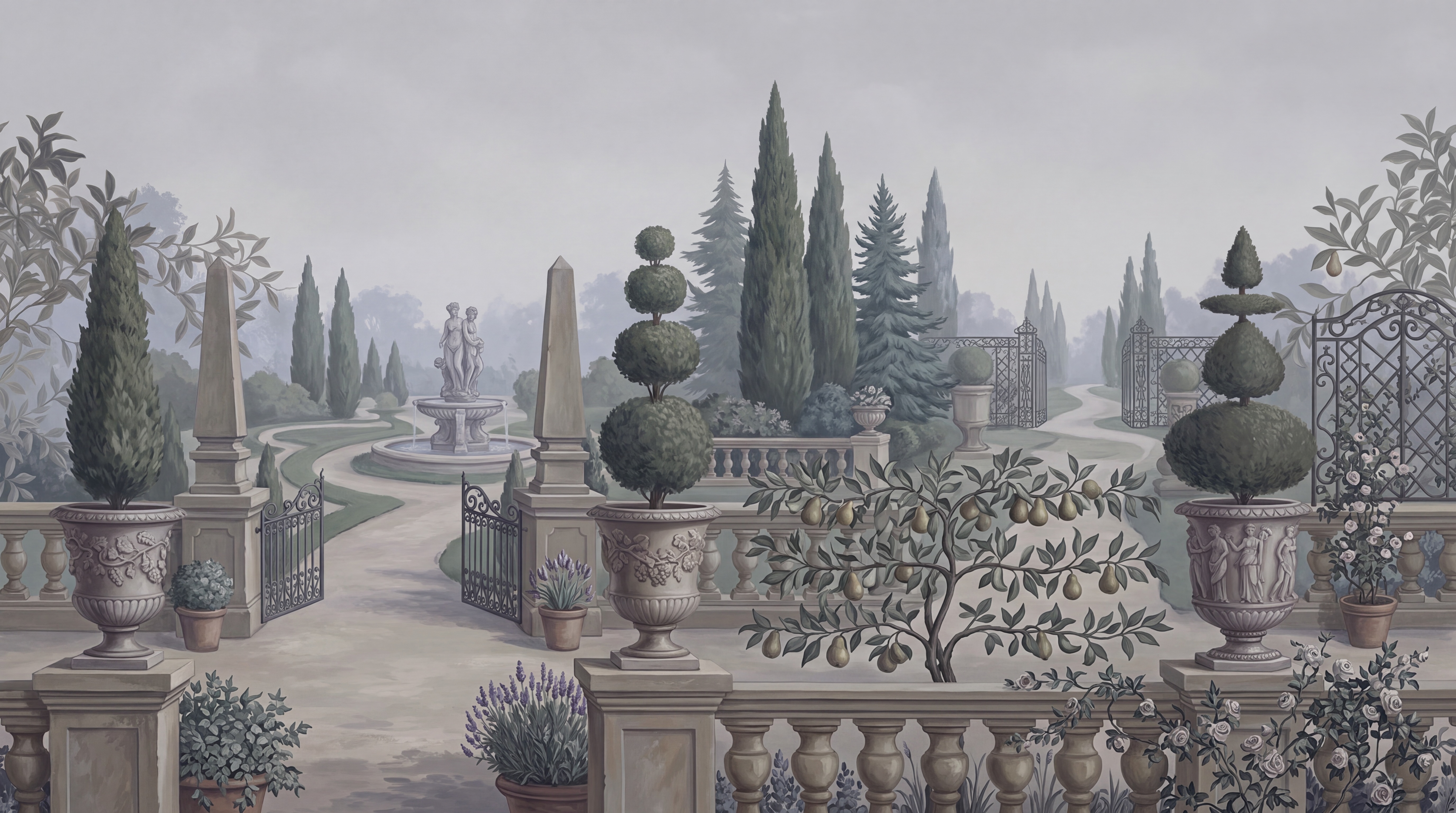 Grey Garden Scenic Wallpaper Mural, Peel-and-stick Finish