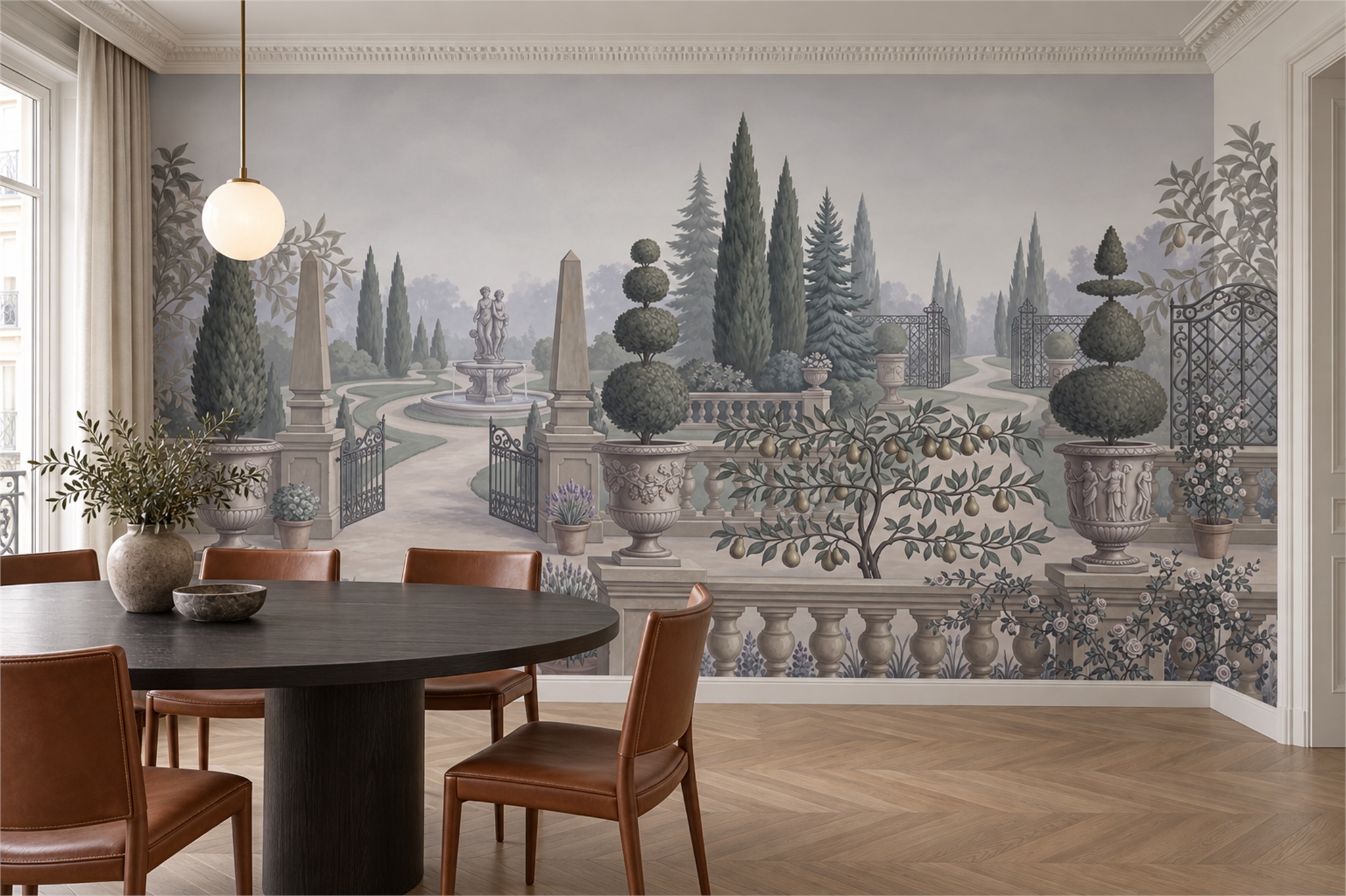 Grey Garden Scenic Wallpaper Mural Dining-room-wallpaper-murals, Shown In A Dining Room, Peel-and-stick Finish