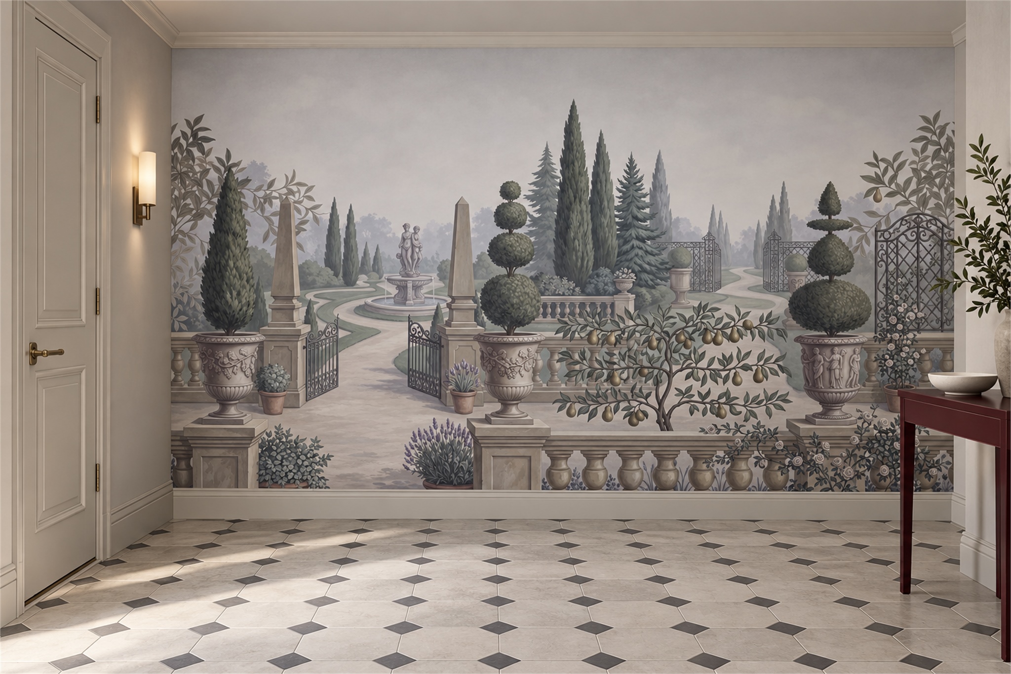 Grey Garden Scenic Wallpaper Mural Feature-wall-wallpaper-murals, Peel-and-stick Finish