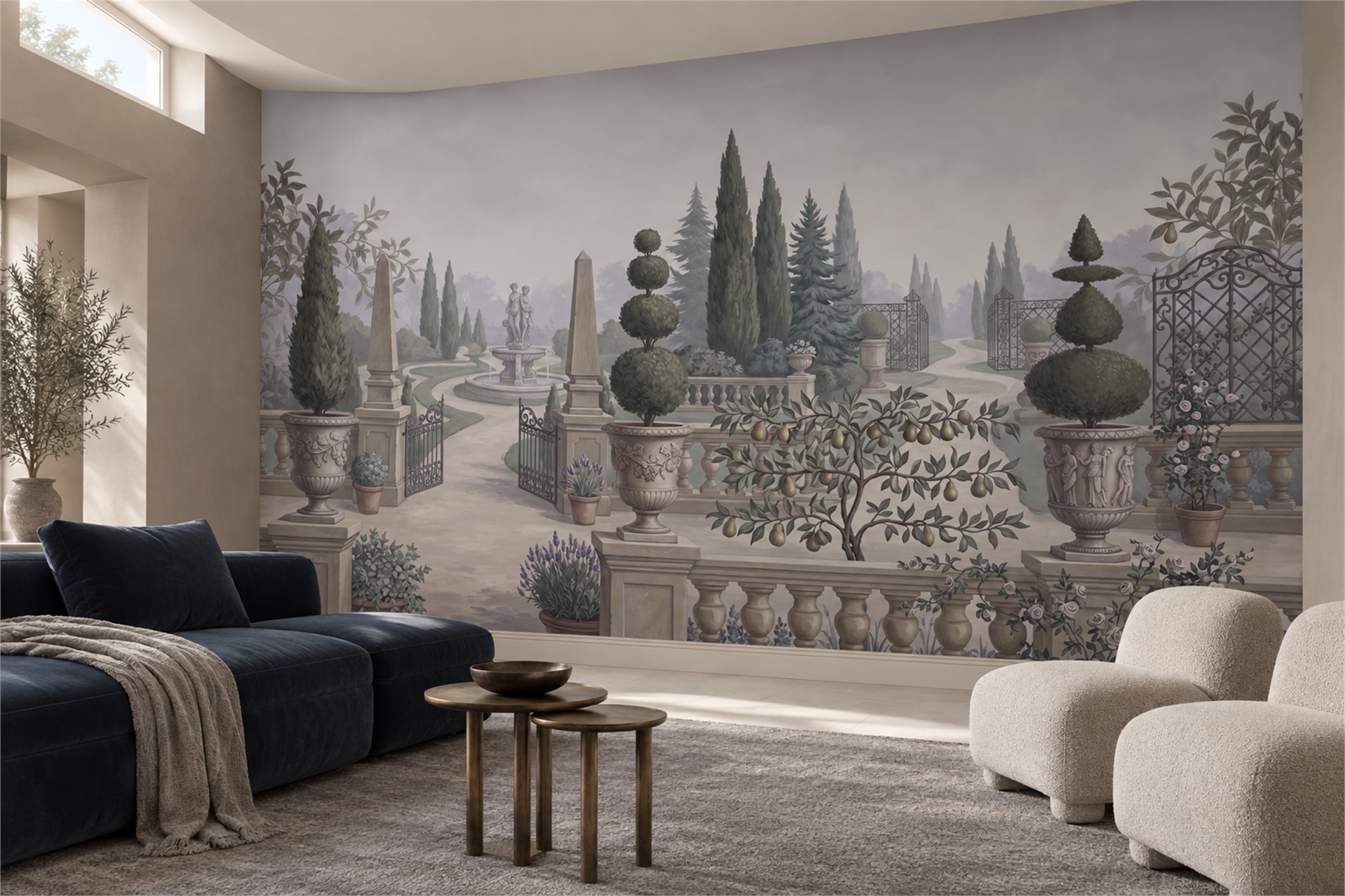 Grey Formal Garden With Topiary, Fountain And Pear Branches Wallpaper Mural — Wallpaper Mural Design, Peel-and-stick Finish