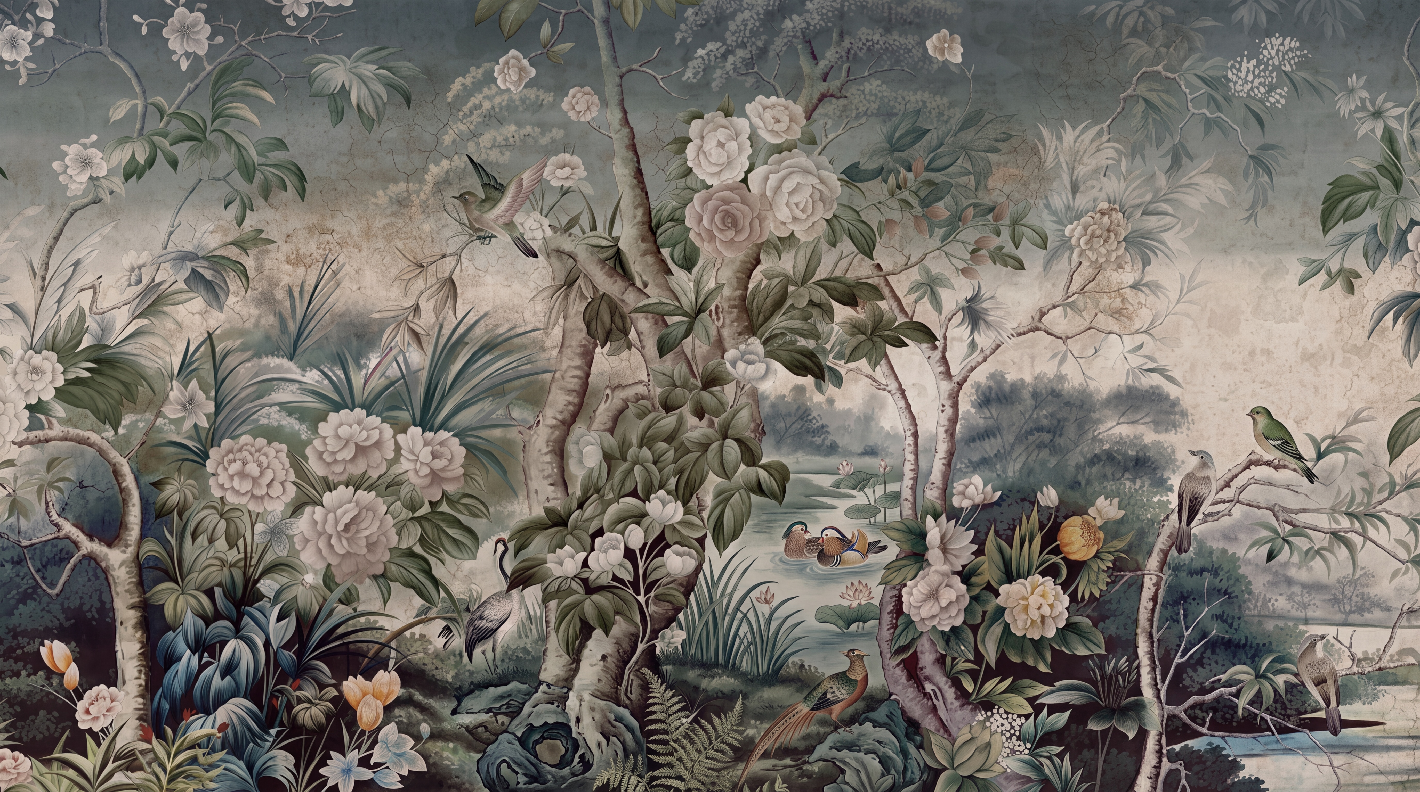 Teal Floral Botanical Layered Wallpaper Mural, Peel-and-stick Finish