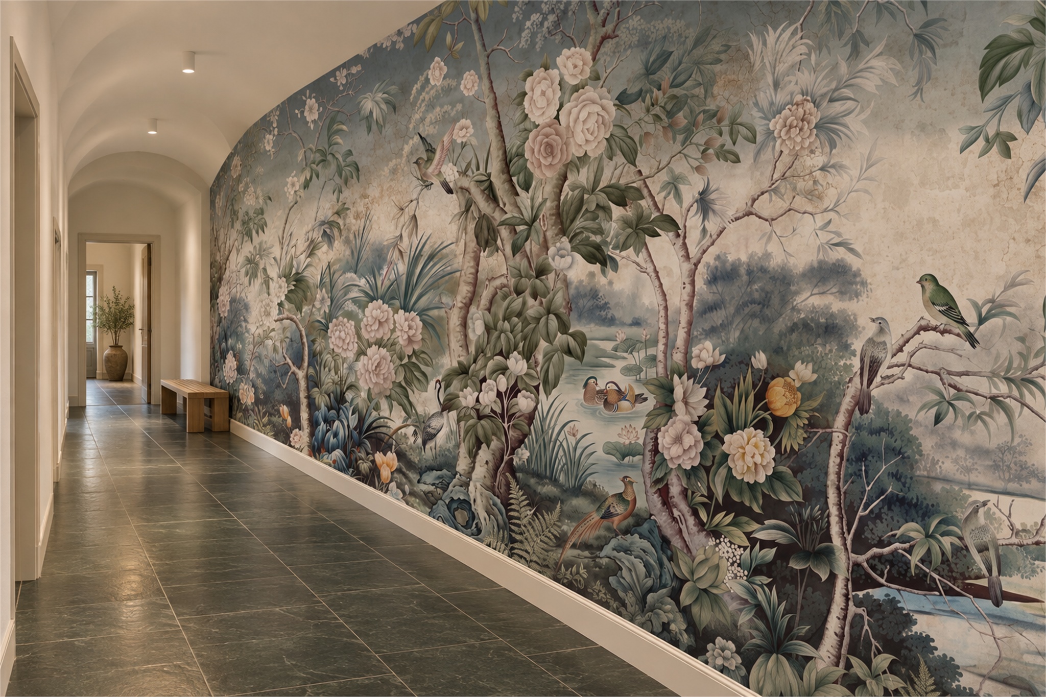 Teal Floral Botanical Layered Wallpaper Mural Hallway-wallpaper-murals, Peel-and-stick Finish