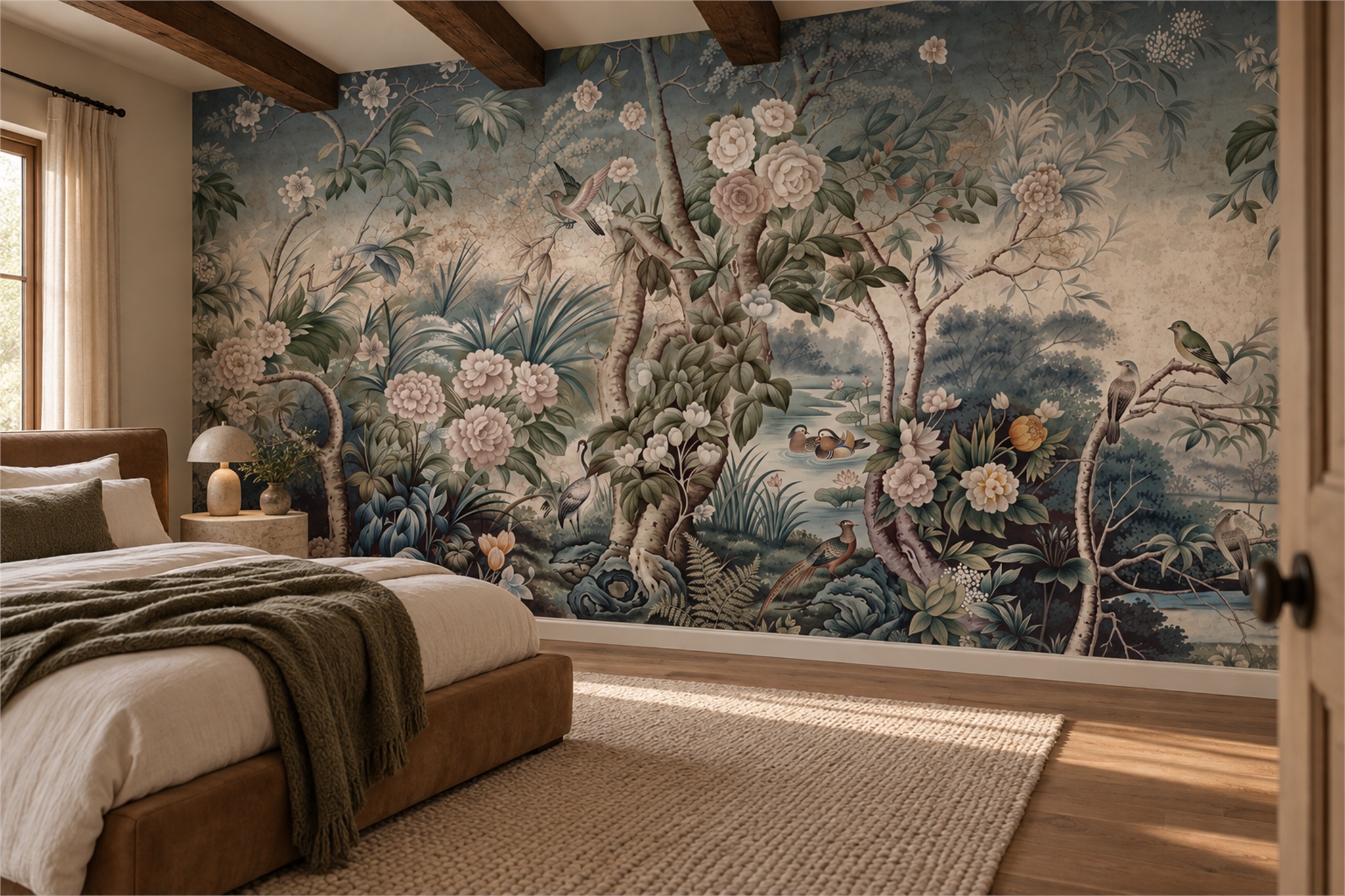 Teal Floral Botanical Layered Wallpaper Mural Feature-wall-wallpaper-murals, Peel-and-stick Finish