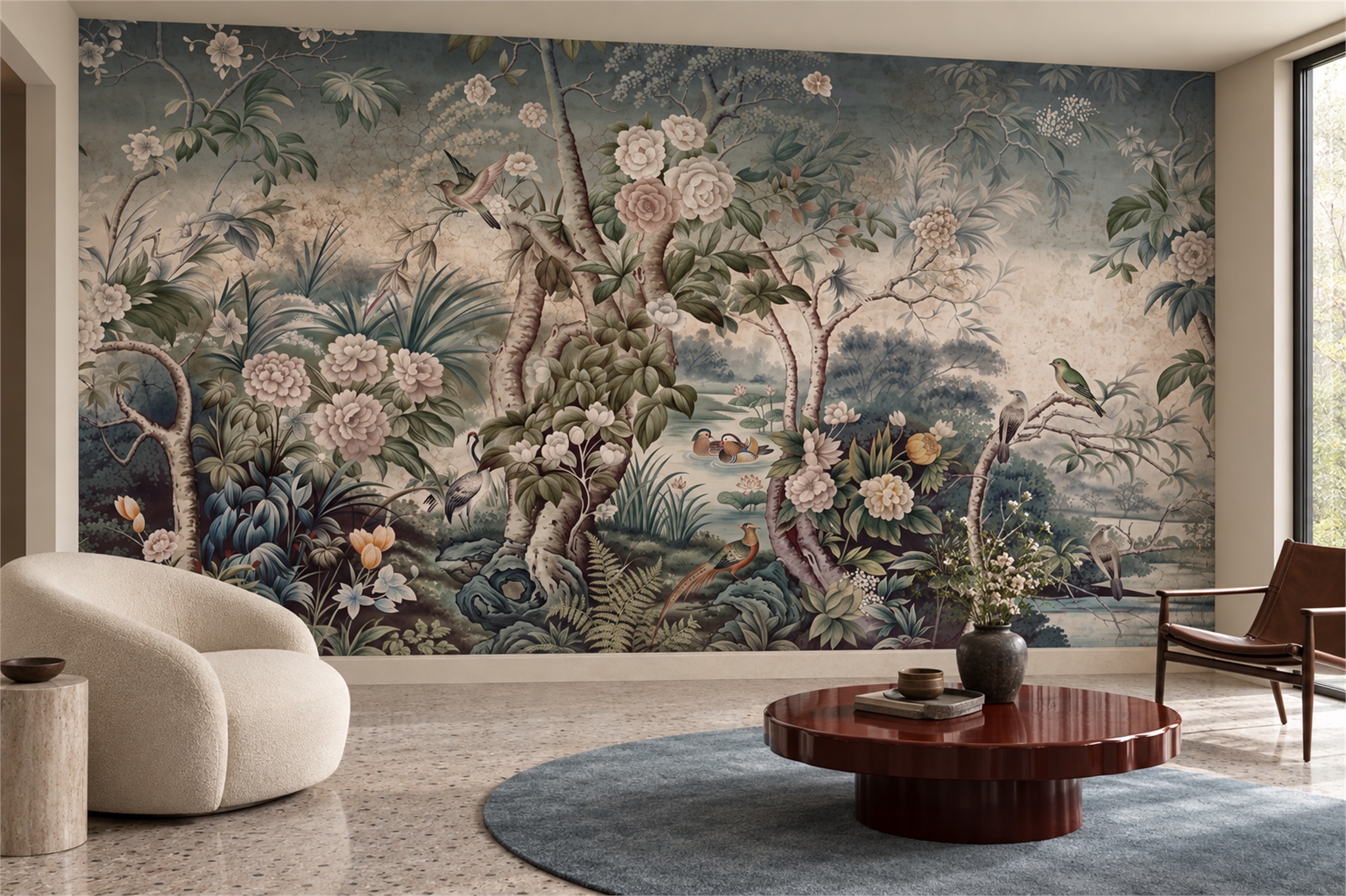 Teal Chinoiserie Flowering Garden And Birds Wallpaper Mural — Wallpaper Mural Design, Peel-and-stick Finish