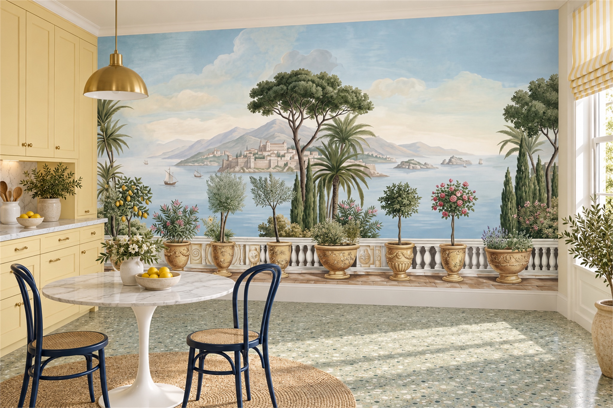 Blue Terrace Seascape Wallpaper Mural With Island Castle — Wallpaper Mural Design, Peel-and-stick Finish