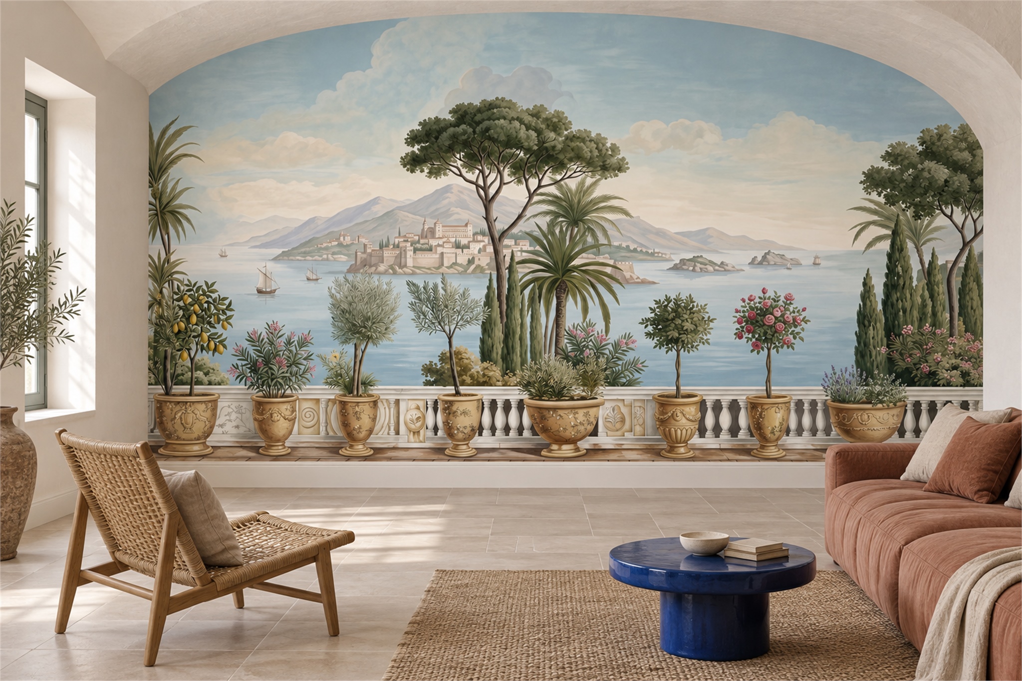 Blue Pattern Decorative Wallpaper Mural Layered Graphic Wallpaper Mural Living-room-wallpaper-murals, Shown In A Living Room, Peel-and-stick Finish