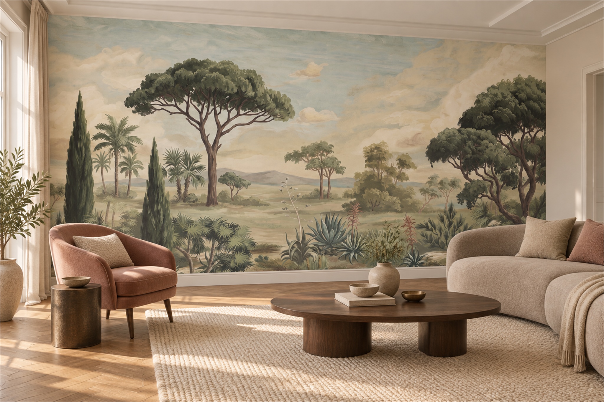 Sage Misty Artful Wallpaper Mural Living-room-wallpaper-murals, Shown In A Living Room, Peel-and-stick Finish