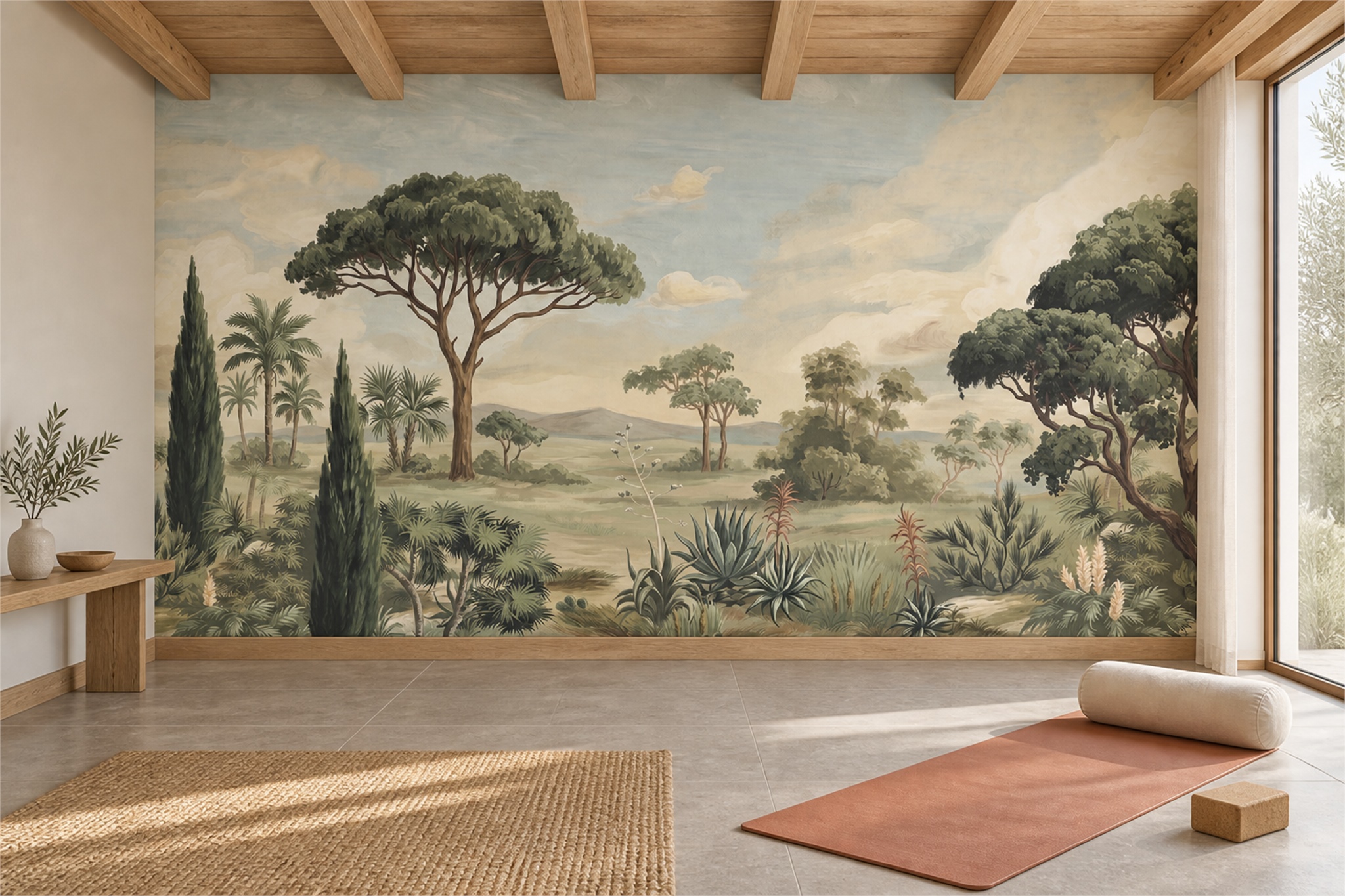 Sage Misty Tree Landscape Wallpaper Mural — Wallpaper Mural Design, Peel-and-stick Finish