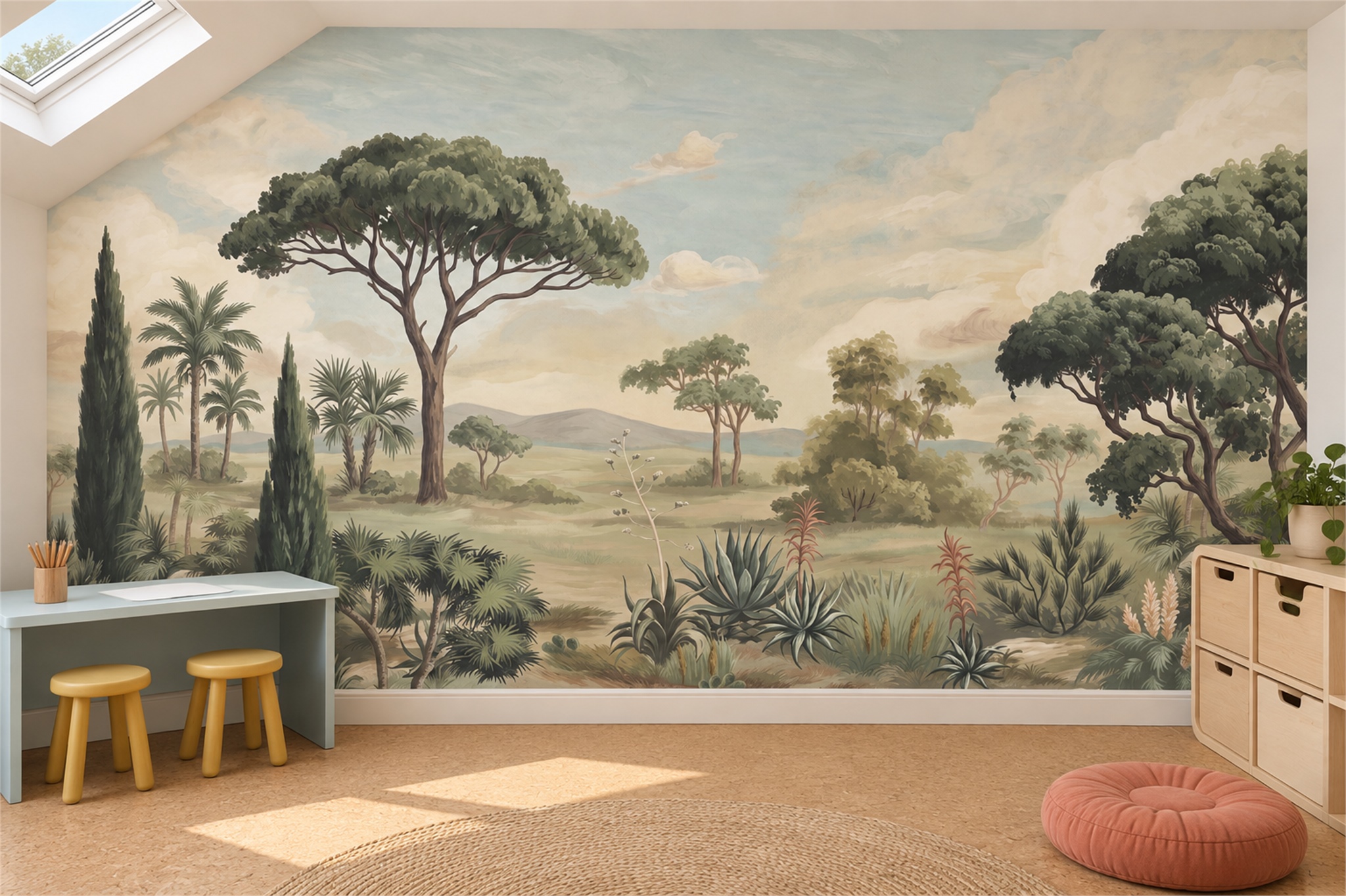 Sage Misty Artful Wallpaper Mural Home-office-wallpaper-murals, Shown In A Home Office, Peel-and-stick Finish