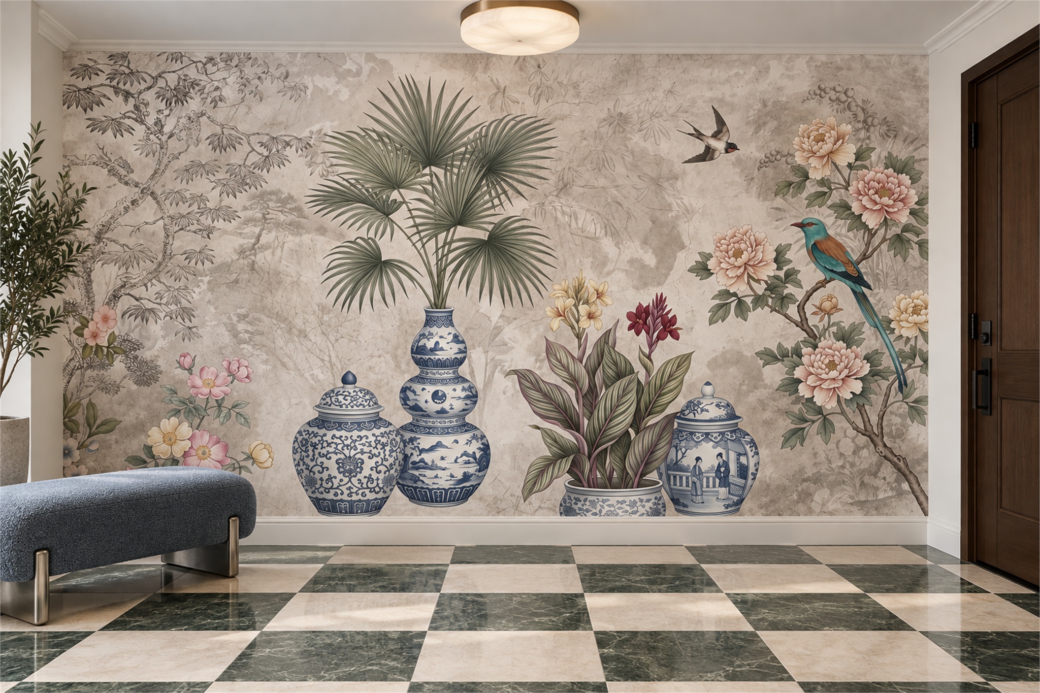 Blue Pattern Decorative Wallpaper Mural Layered Hand Painted Wallpaper Entryway-wallpaper-murals, Peel-and-stick Finish