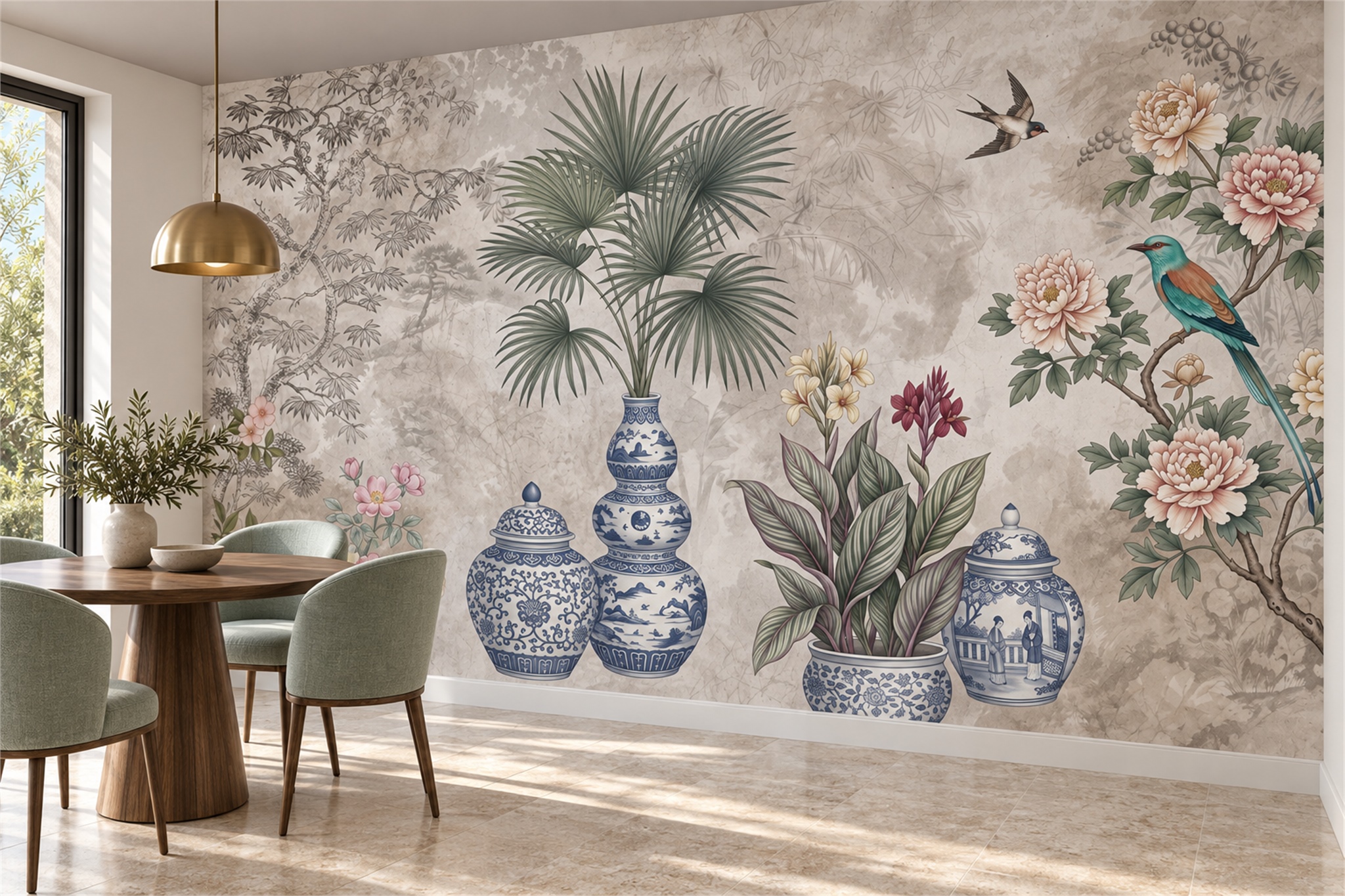 Blue And White Porcelain Vases With Flowers Wallpaper Mural — Wallpaper Mural Design, Peel-and-stick Finish