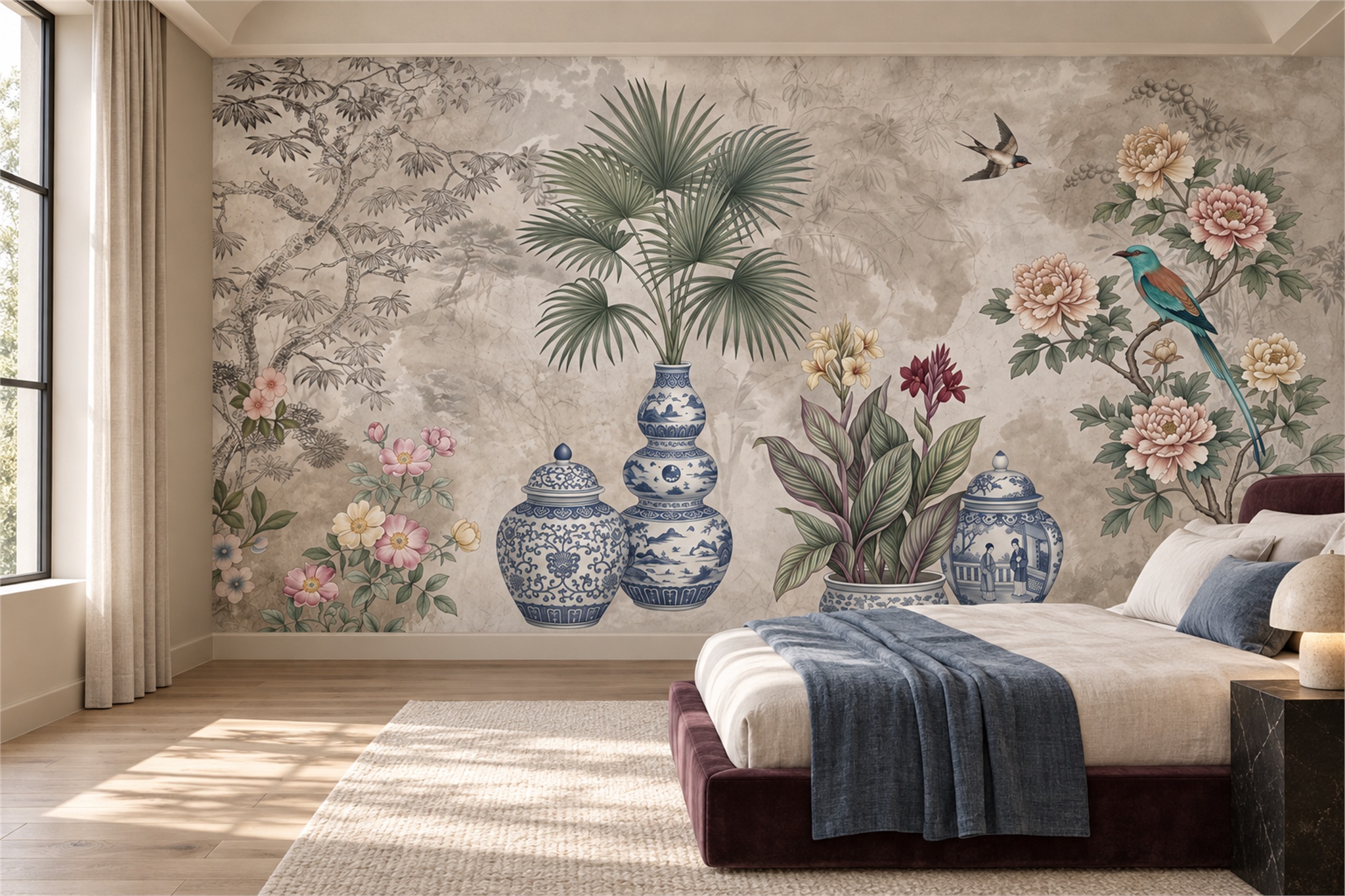 Blue Pattern Decorative Wallpaper Mural Layered Hand Painted Wallpaper Bedroom-wallpaper-murals, Peel-and-stick Finish
