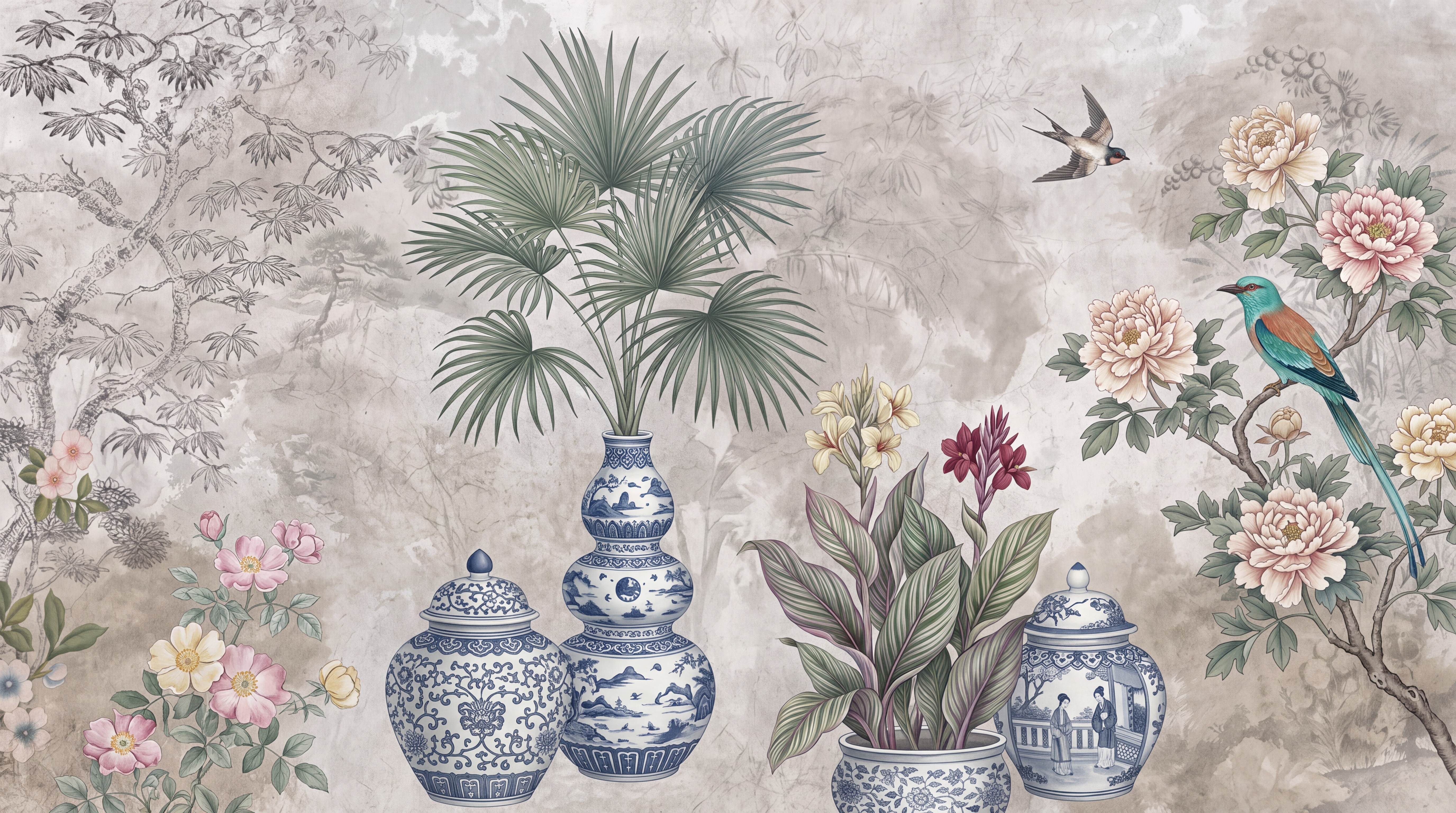 Blue Pattern Decorative Wallpaper Mural Layered Hand Painted Wallpaper Dining-room-wallpaper-murals, Peel-and-stick Finish
