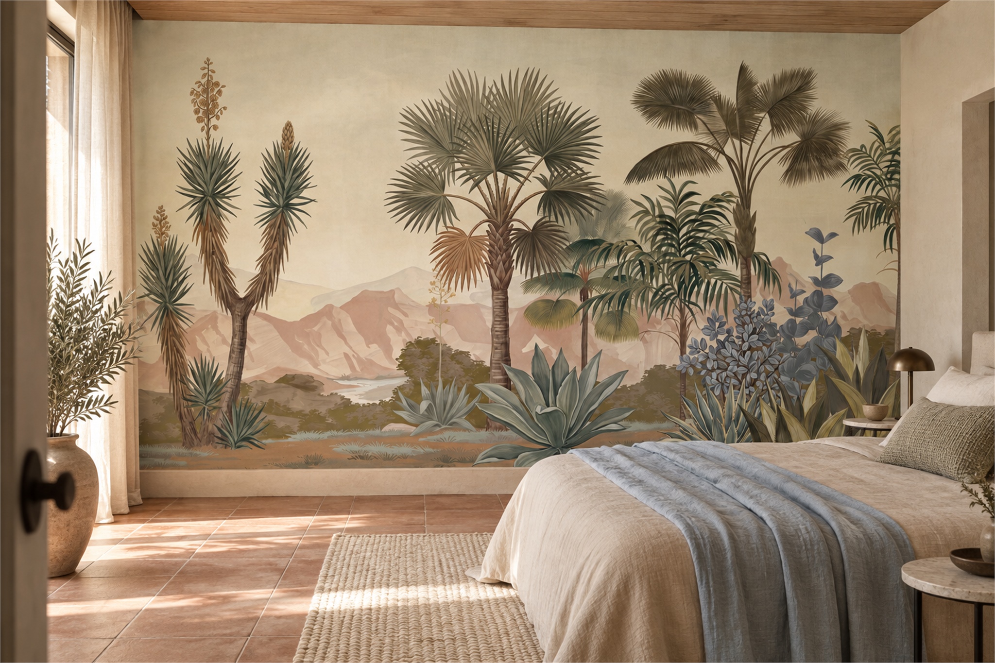 Olive Desert Mountains And Agave Wallpaper Mural — Installed Wallpaper Mural In A Bedroom, Peel-and-stick Finish