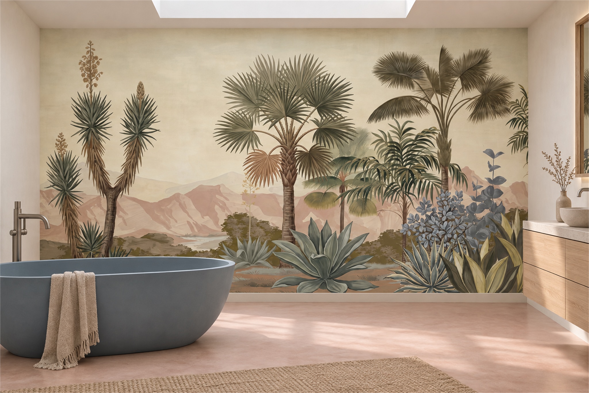 Olive Desert Landscape Wallpaper Mural, Shown In A Bathroom, Peel-and-stick Finish