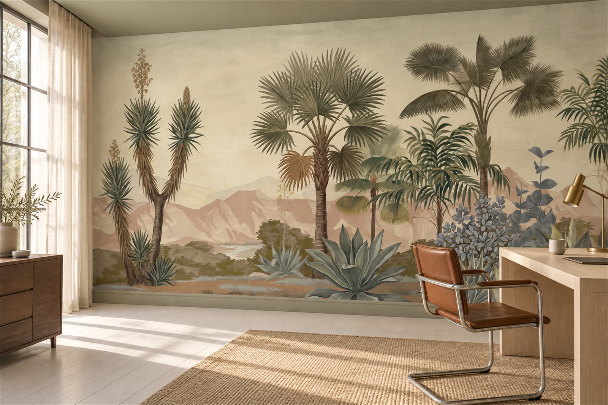 Olive Desert Landscape Wallpaper Mural, Shown In A Home Office, Peel-and-stick Finish
