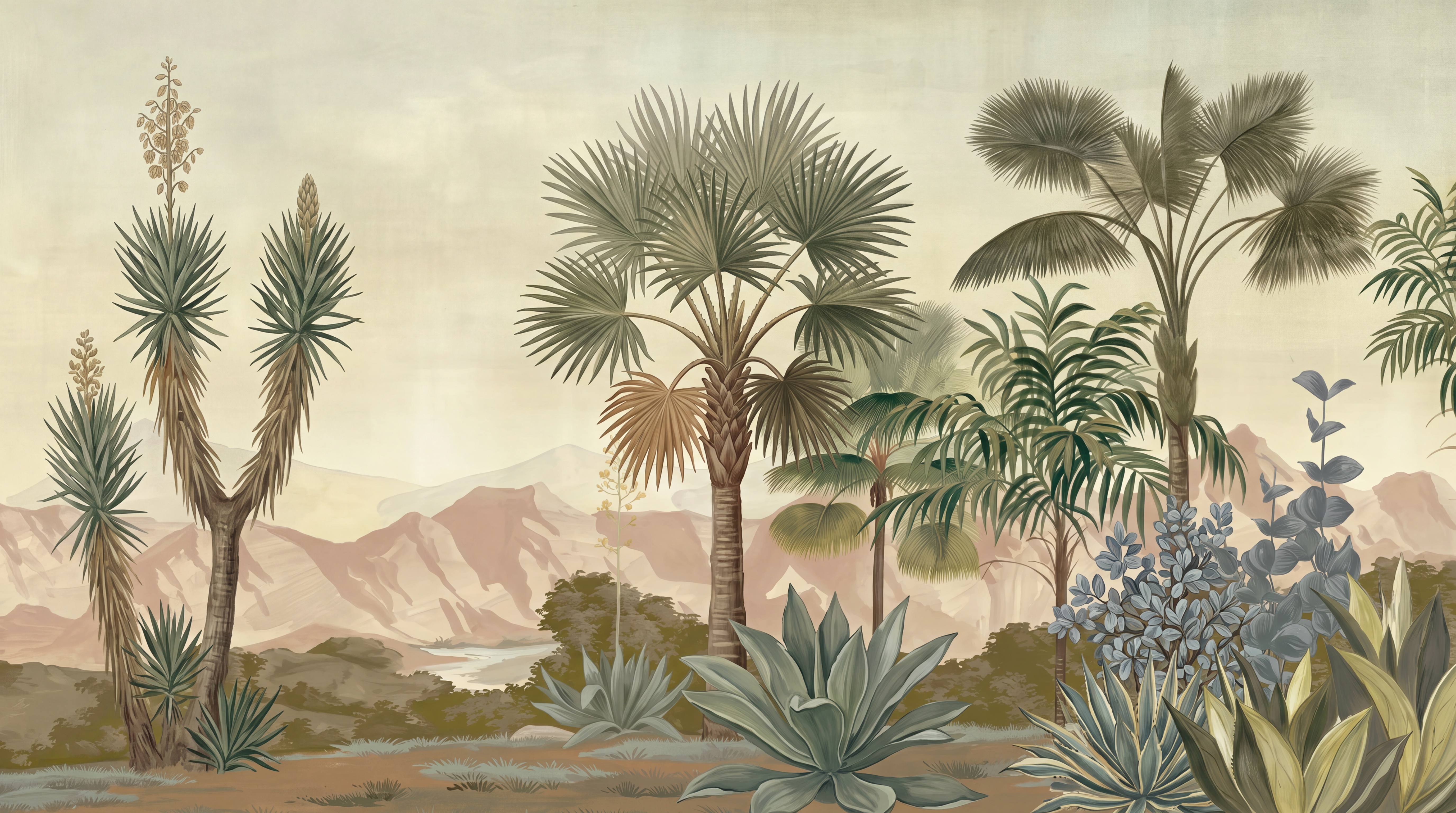 Olive Desert Landscape Wallpaper Mural, Shown In A Bedroom, Peel-and-stick Finish