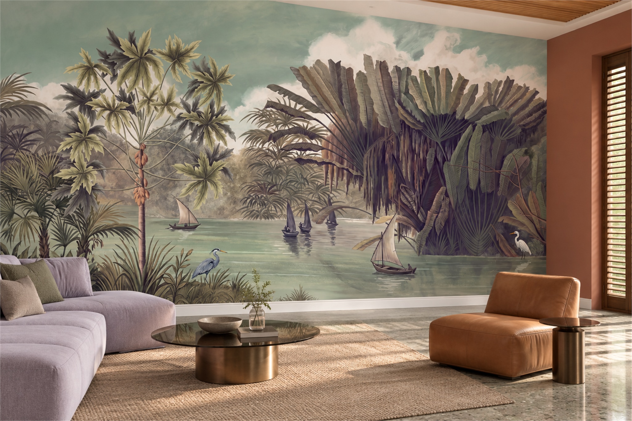 Sage Tropical River With Boats And Herons Wallpaper Mural — Wallpaper Mural Design, Peel-and-stick Finish