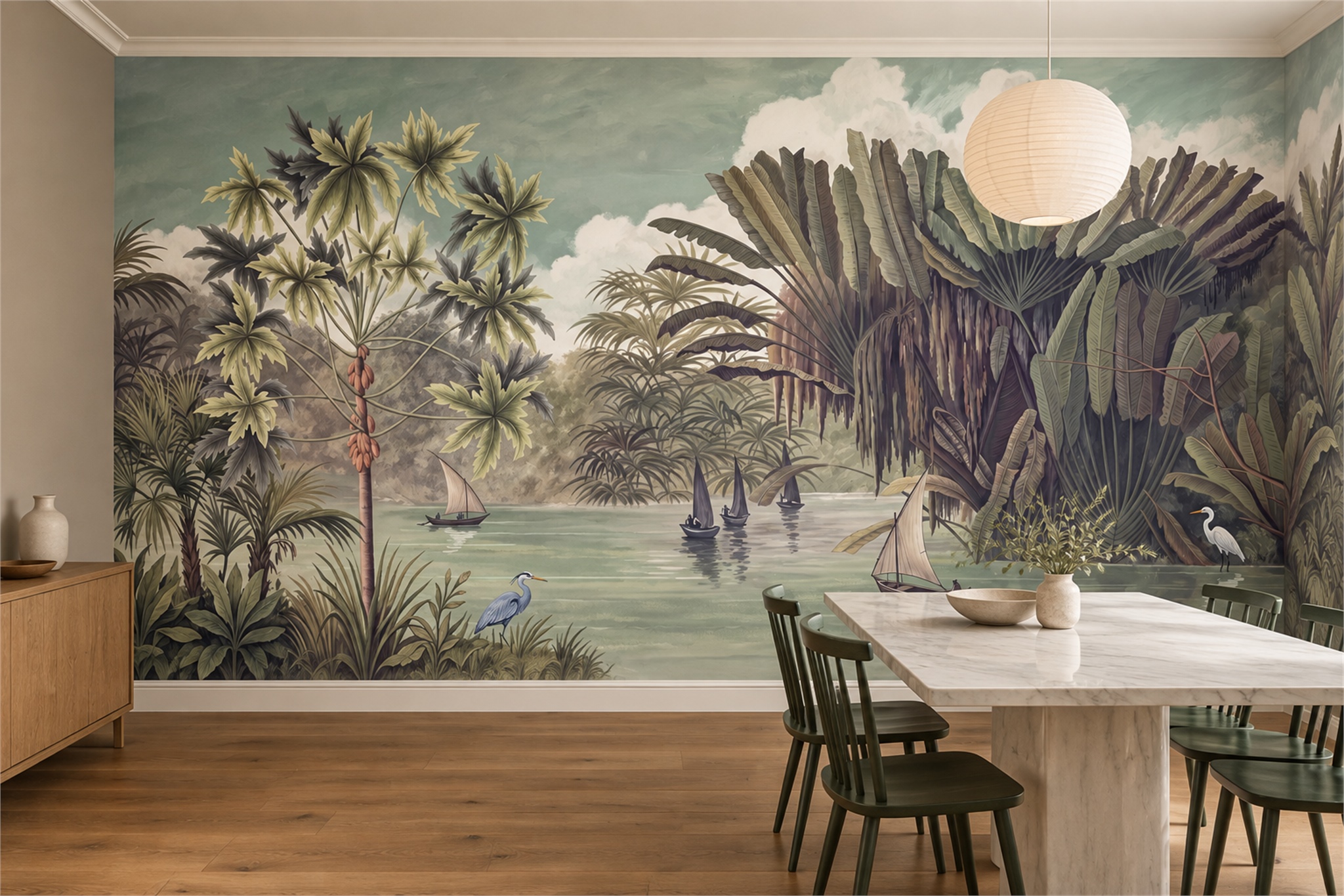 Sage Pattern Decorative Wallpaper Mural Layered Abstract Wallpaper Mural Dining-room-wallpaper-murals, Shown In A Dining Room, Peel-and-stick Finish