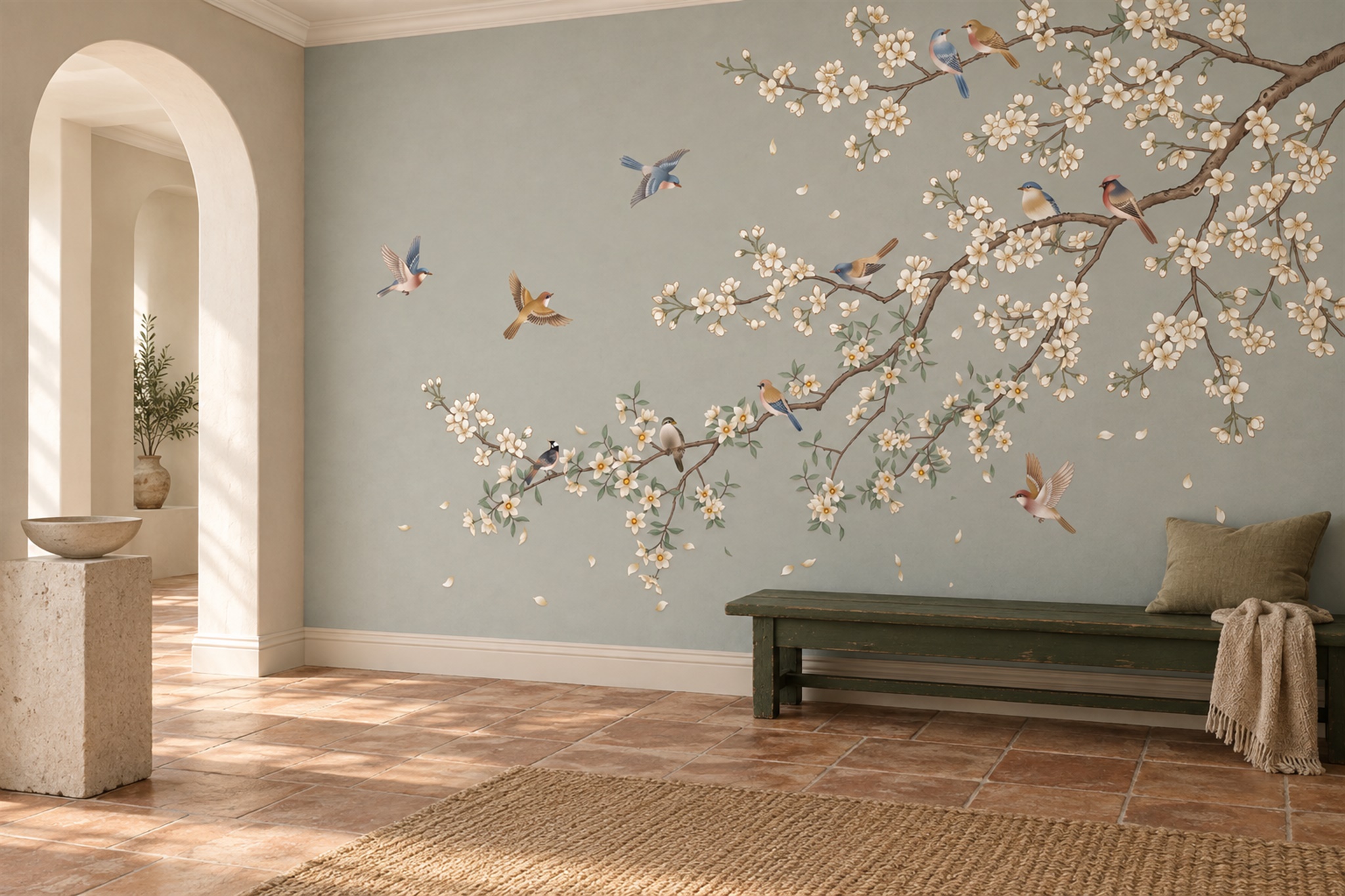 Grey Blossom Branches And Birds Wallpaper Mural — Installed Wallpaper Mural In A Entryway, Peel-and-stick Finish