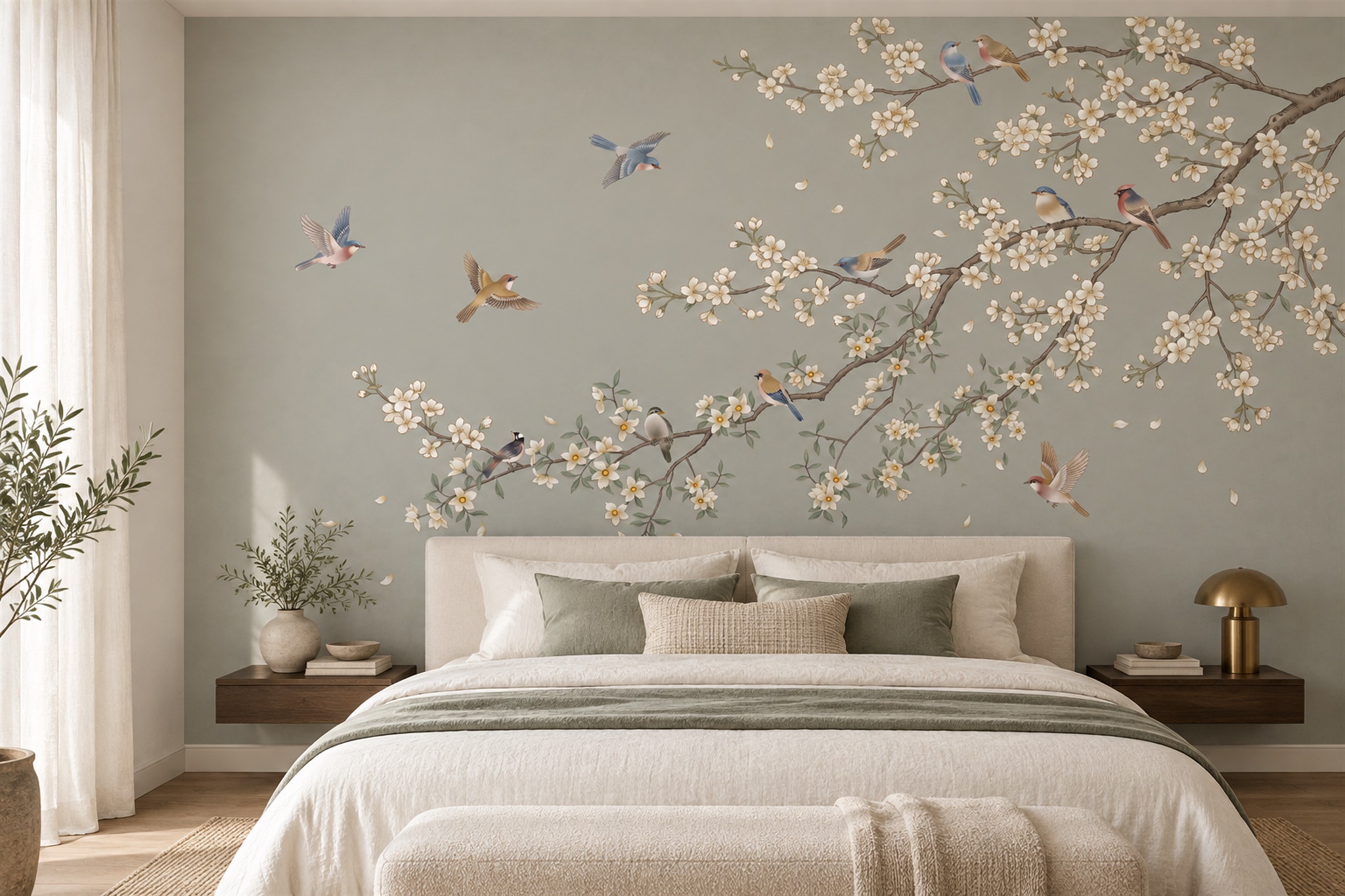 Grey Blossom Botanical Wallpaper Mural Bedroom-wallpaper-murals, Peel-and-stick Finish