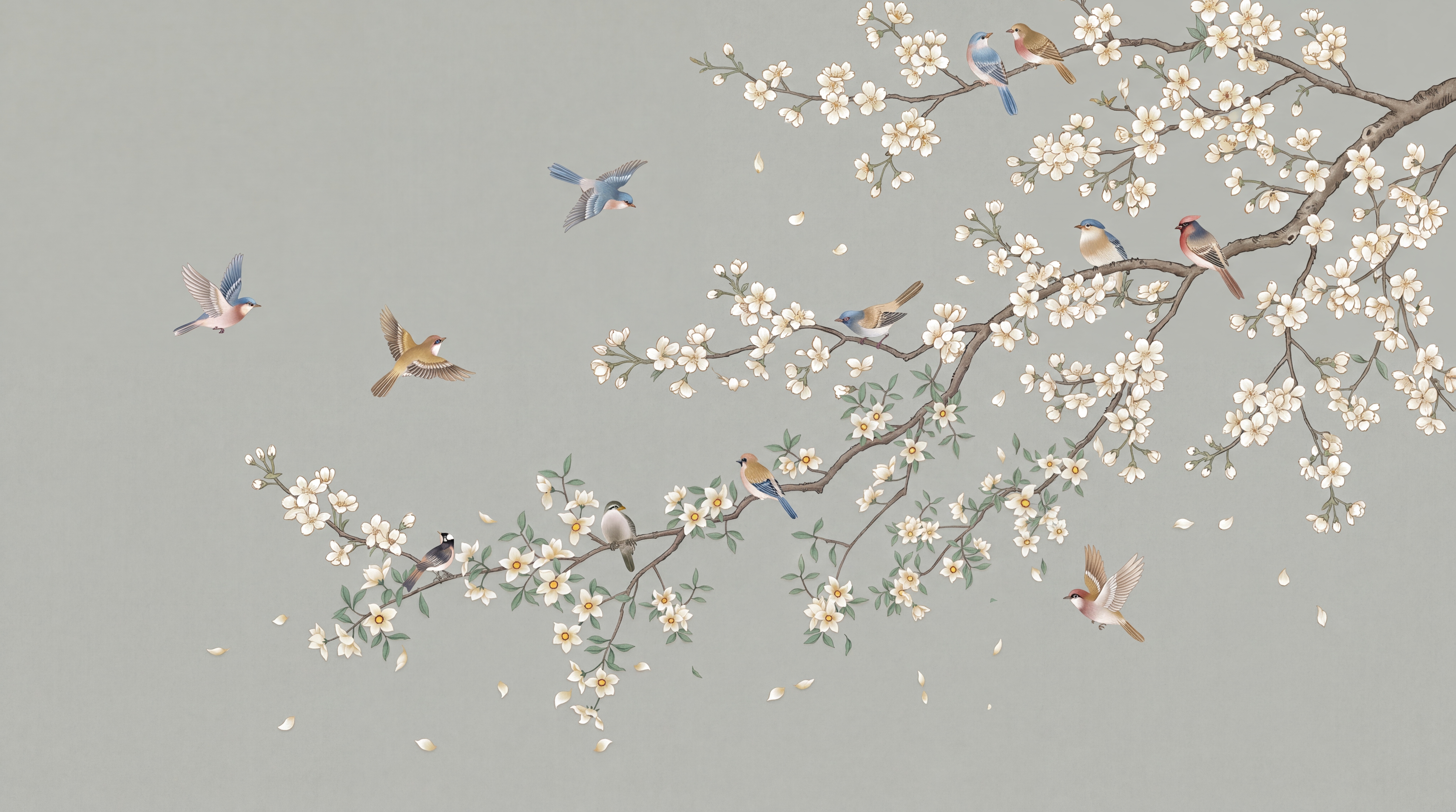 Grey Blossom Botanical Wallpaper Mural, Peel-and-stick Finish
