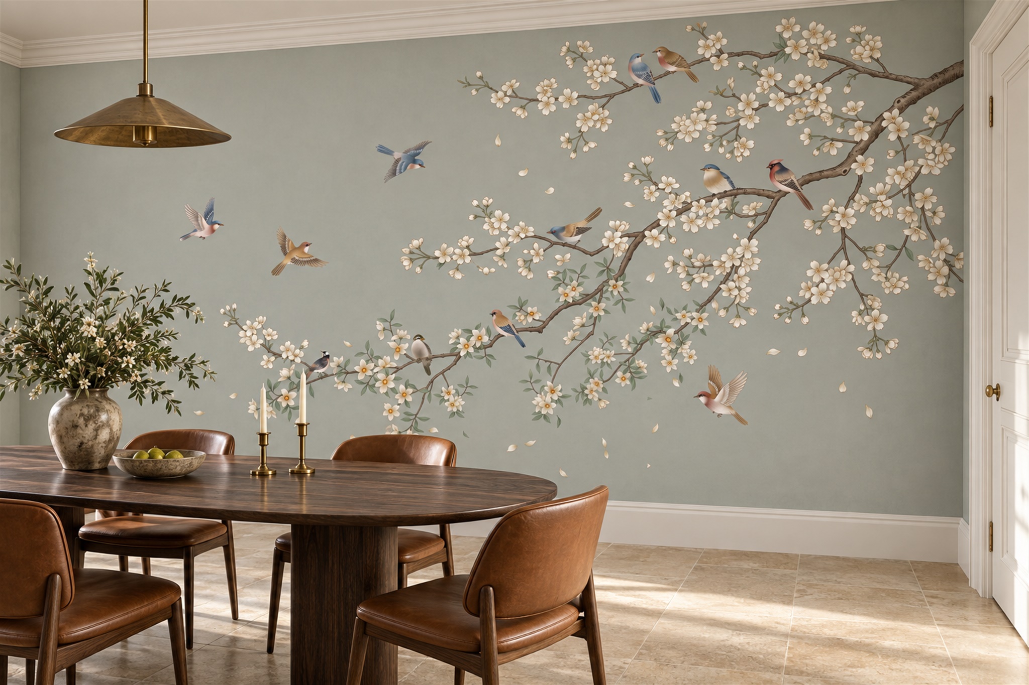 Grey Blossom Botanical Wallpaper Mural Entryway-wallpaper-murals, Peel-and-stick Finish