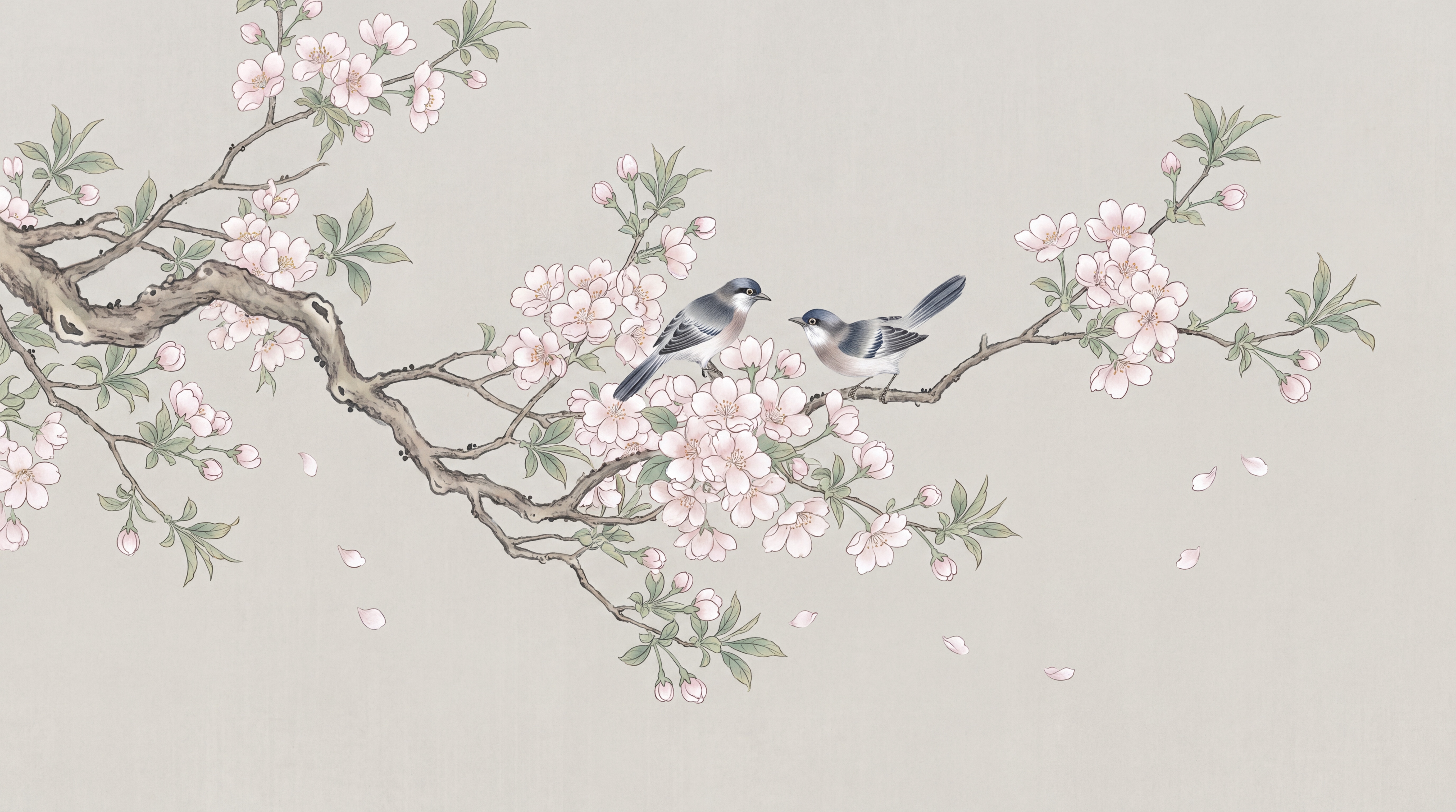 Blush Bird Illustrated Decorative Wallpaper Mural, Peel-and-stick Finish