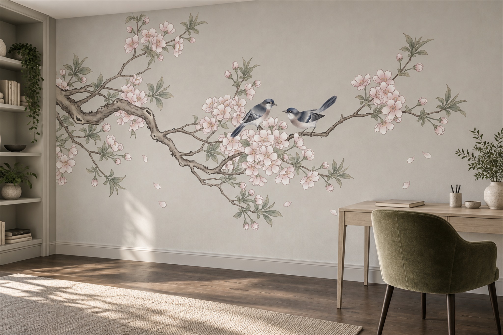 Blush Bird Illustrated Decorative Wallpaper Mural Home-office-wallpaper-murals, Peel-and-stick Finish