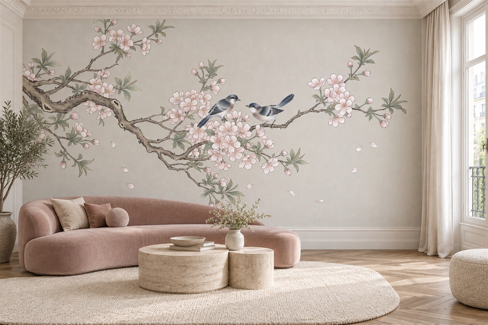 Blush Bird Illustrated Decorative Wallpaper Mural Bedroom-wallpaper-murals, Peel-and-stick Finish