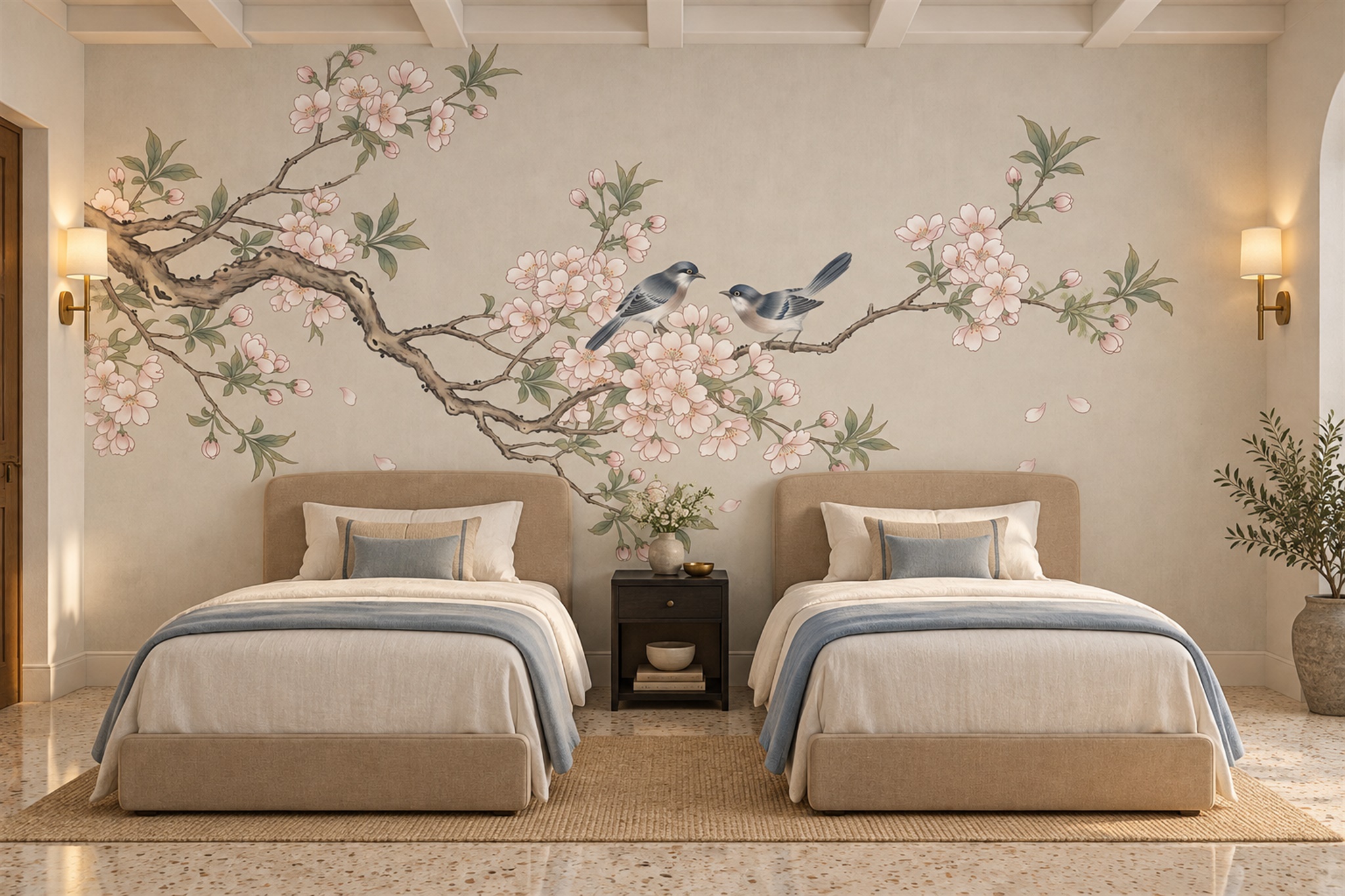 Blush Bird Illustrated Decorative Wallpaper Mural Bedroom-wallpaper-murals, Peel-and-stick Finish
