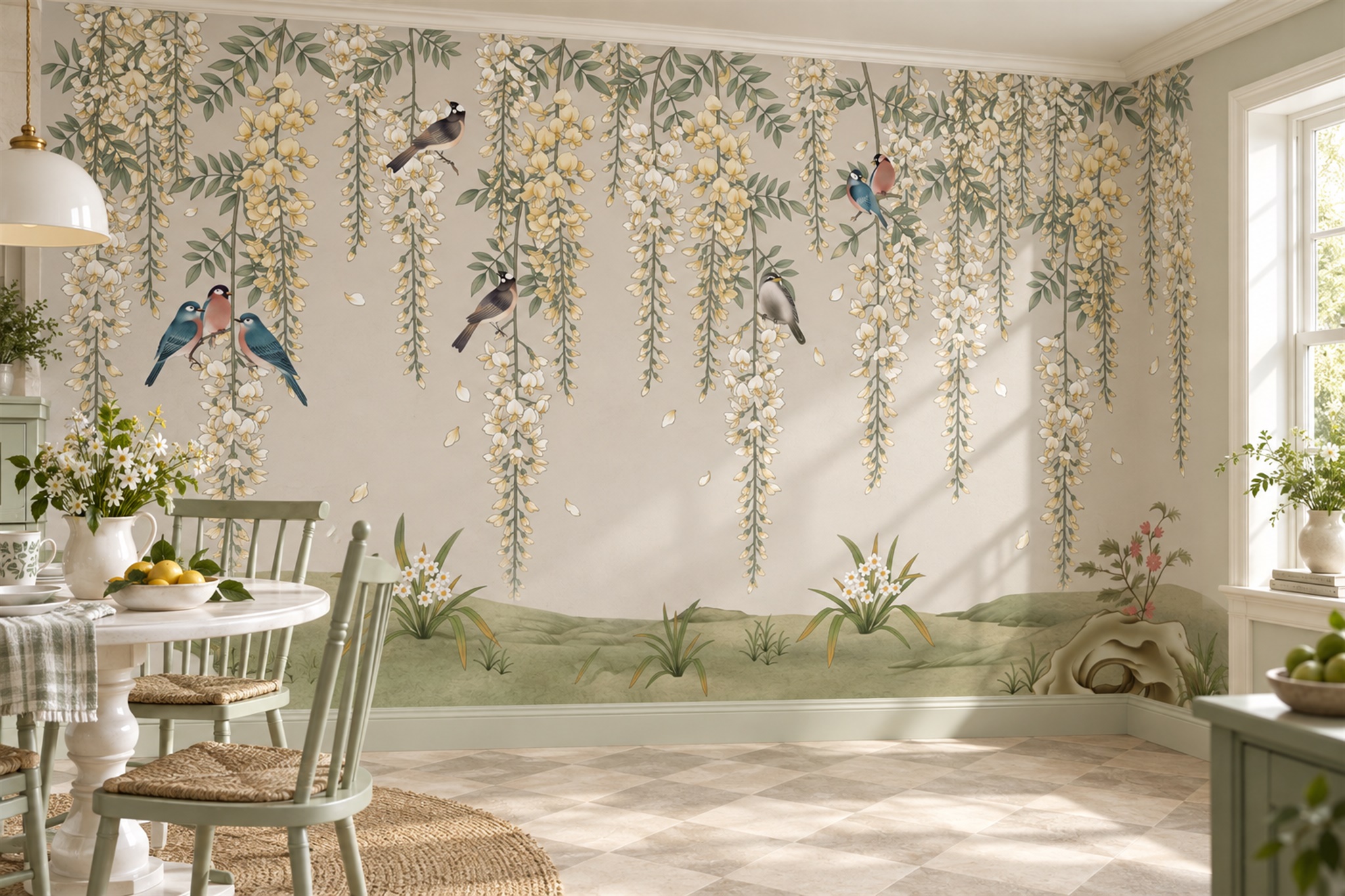 Ivory Pattern Decorative Painterly Wallpaper Mural Dining-room-wallpaper-murals, Shown In A Dining Room, Peel-and-stick Finish