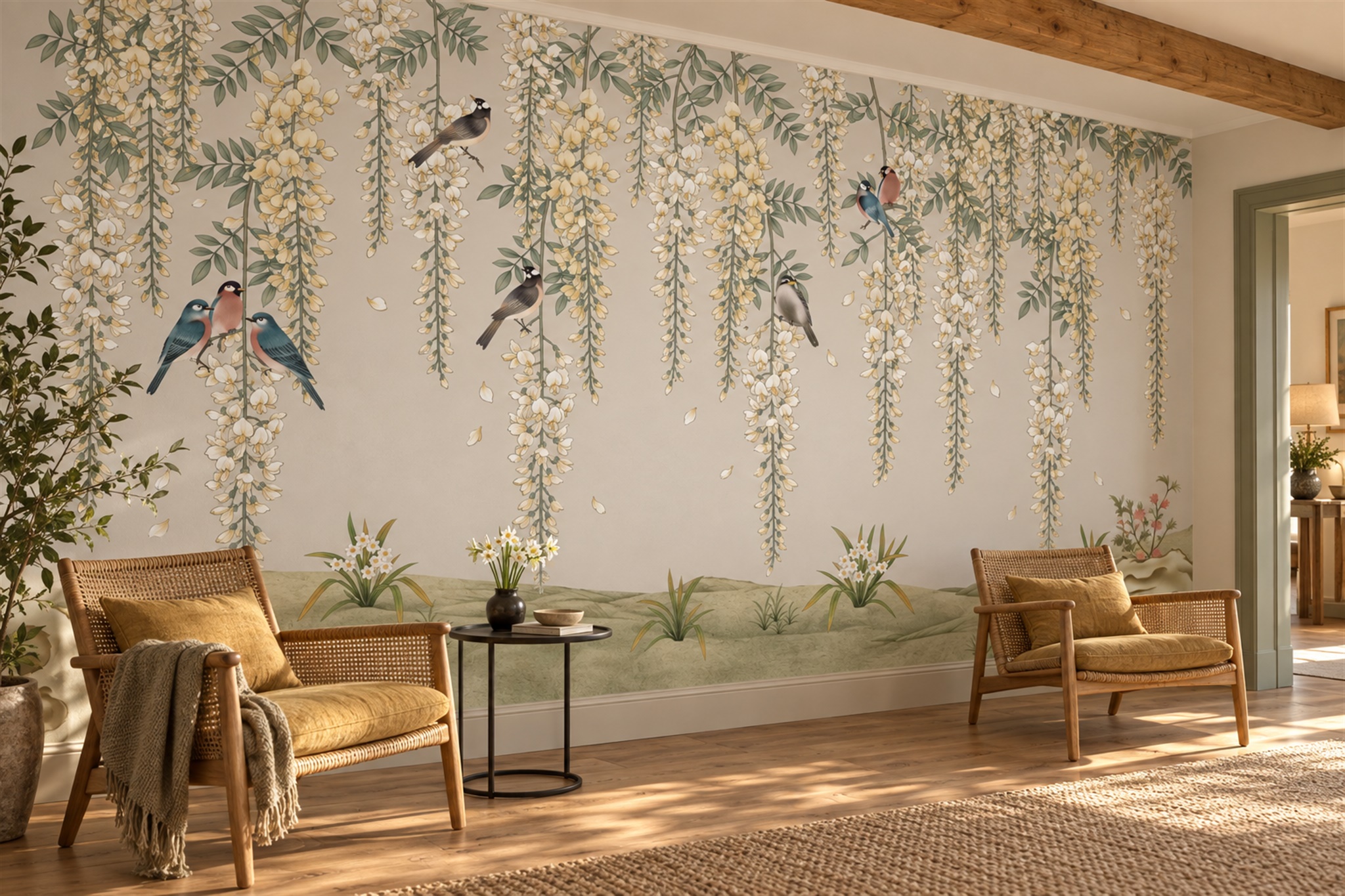 Ivory Wisteria Flowers And Birds Wallpaper Mural — Wallpaper Mural Design, Peel-and-stick Finish