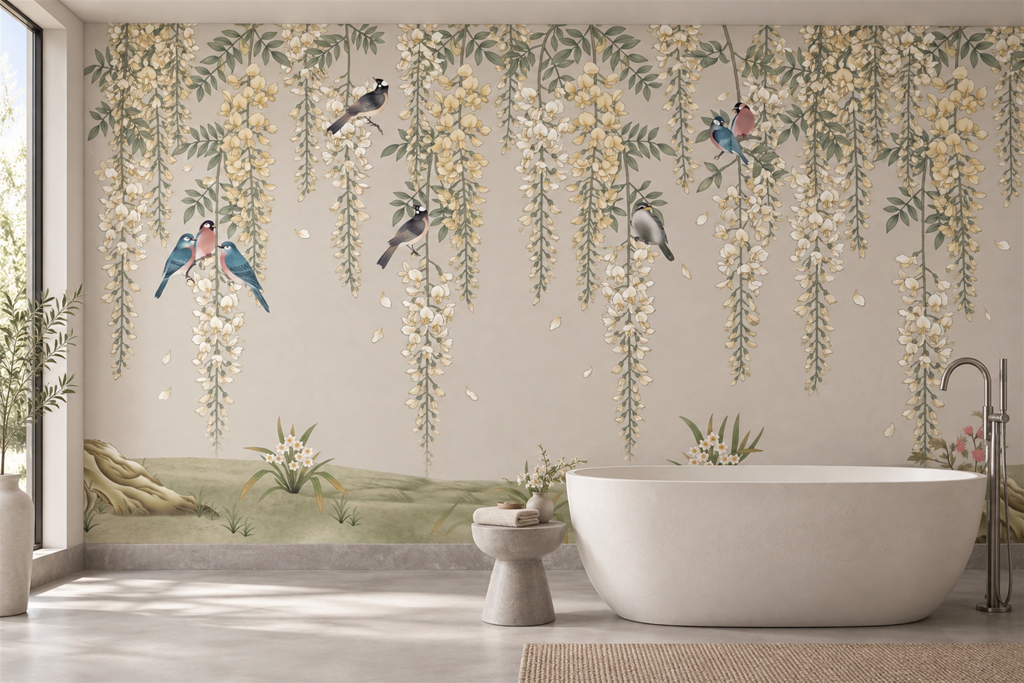 Ivory Pattern Decorative Painterly Wallpaper Mural Bathroom-wallpaper-murals, Peel-and-stick Finish