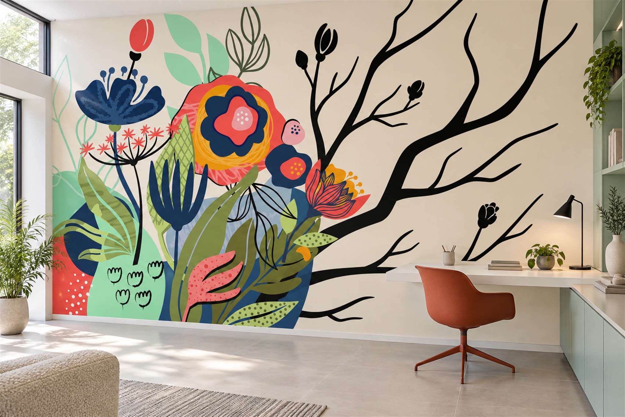 Red Floral Botanical Wallpaper Mural Home-office-wallpaper-murals, Shown In A Home Office, Peel-and-stick Finish