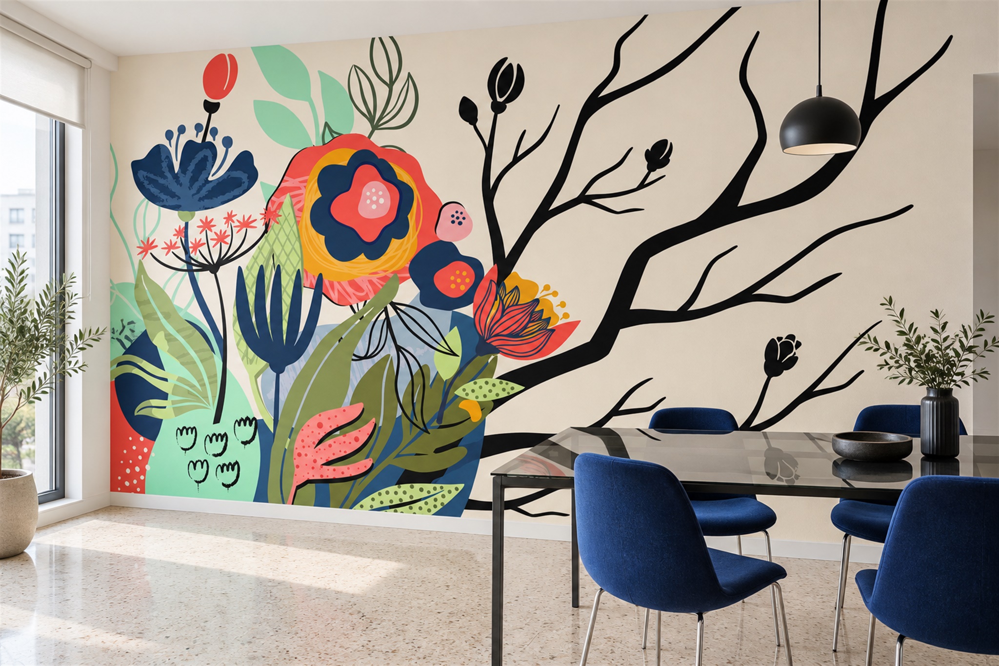 Red Floral Botanical Wallpaper Mural Feature-wall-wallpaper-murals, Peel-and-stick Finish