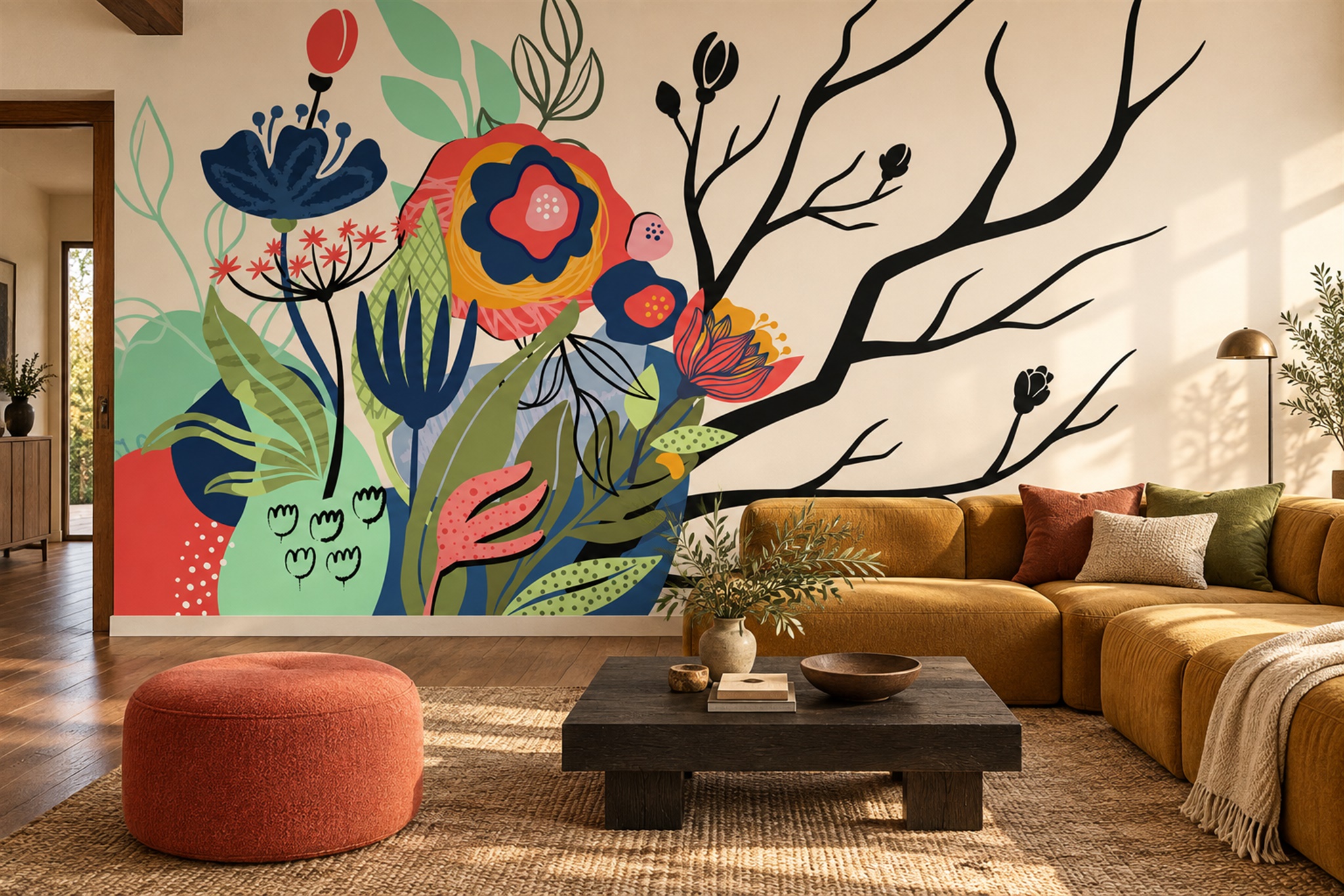 Red Floral Botanical Wallpaper Mural Feature-wall-wallpaper-murals, Peel-and-stick Finish