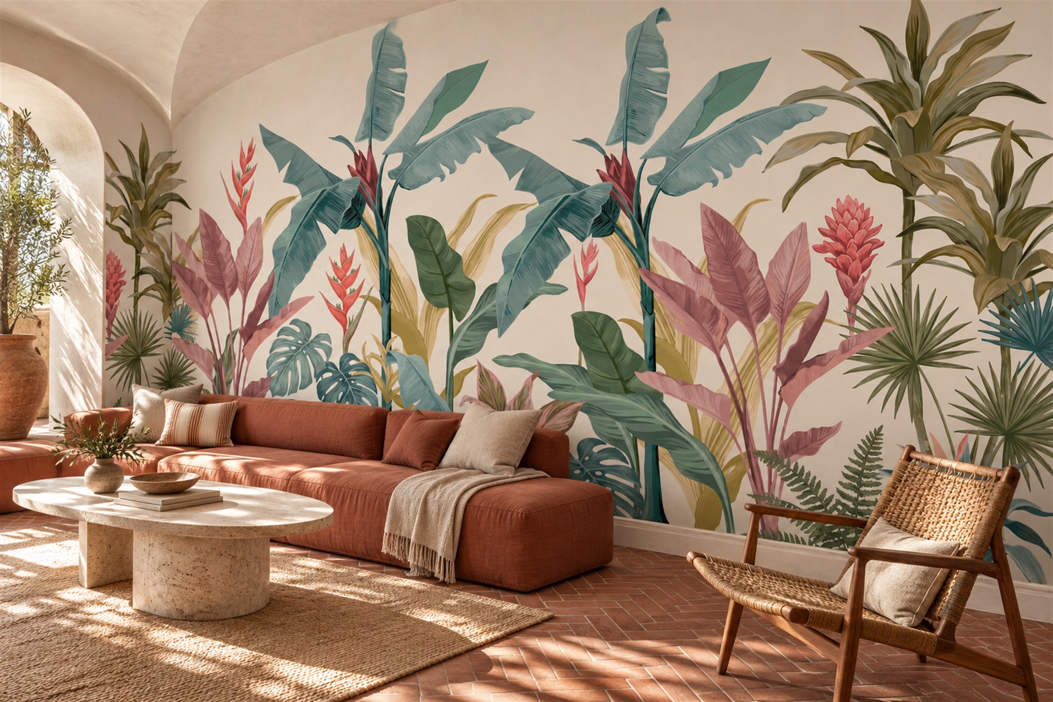 Teal Tropical Leaves And Coral Flowers Wallpaper Mural — Wallpaper Mural Design, Peel-and-stick Finish