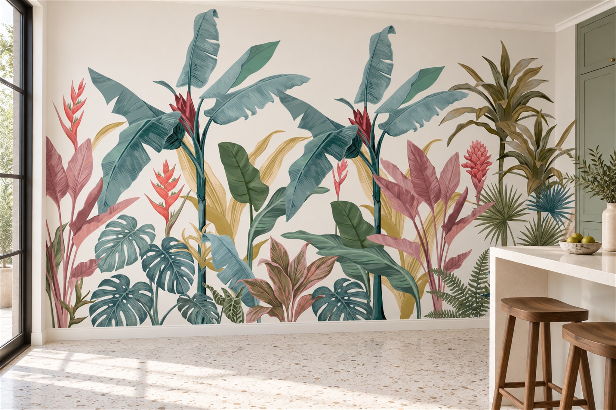 Teal Leaf Botanical Wallpaper Mural Dining-room-wallpaper-murals, Shown In A Dining Room, Peel-and-stick Finish