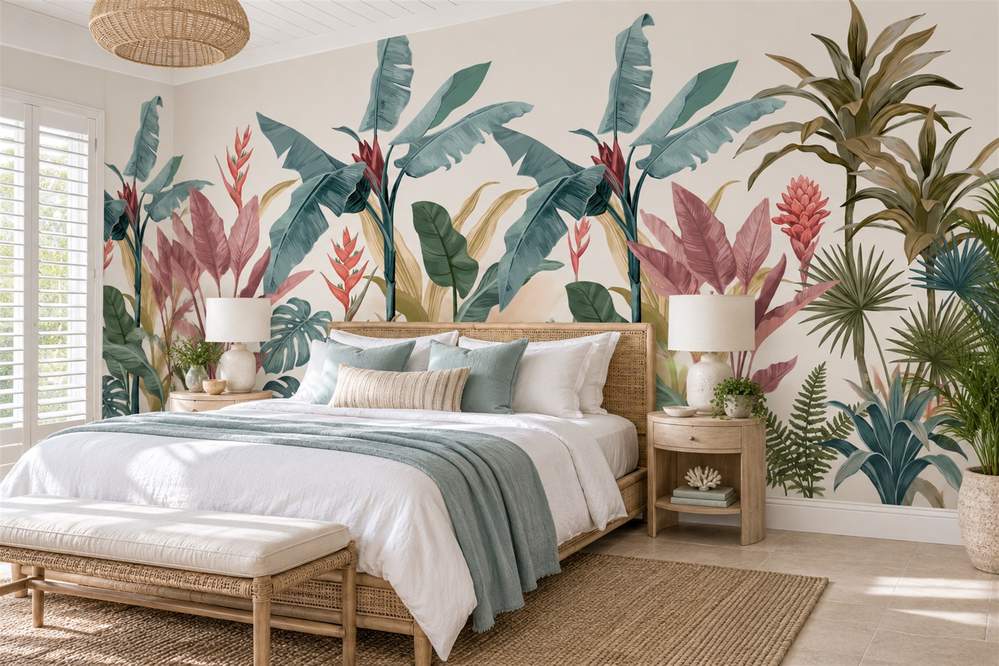 Teal Leaf Botanical Wallpaper Mural Bedroom-wallpaper-murals, Peel-and-stick Finish