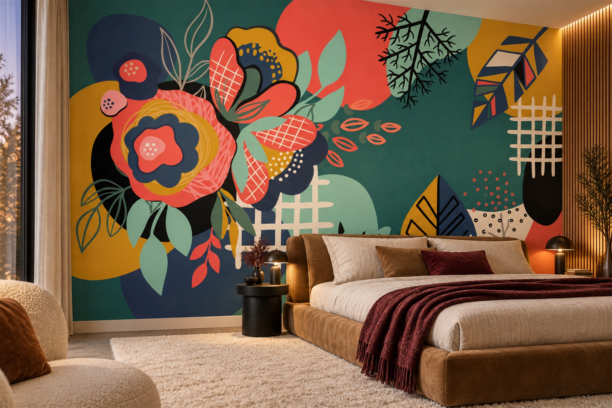Teal Floral Botanical Decorative Wallpaper Mural Bedroom-wallpaper-murals, Peel-and-stick Finish