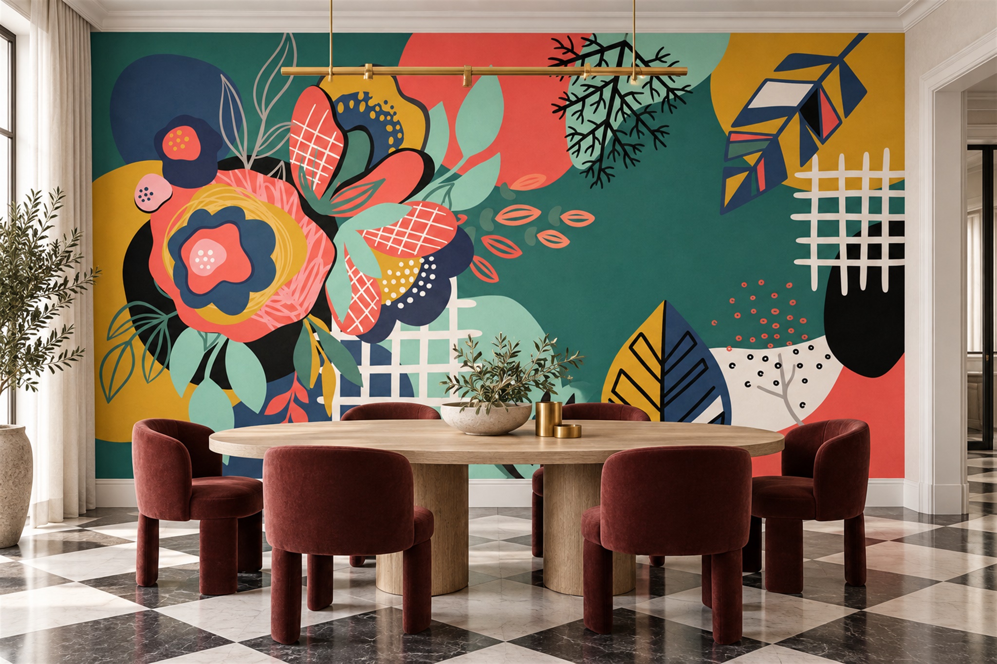 Teal Floral Botanical Decorative Wallpaper Mural Dining-room-wallpaper-murals, Shown In A Dining Room, Peel-and-stick Finish