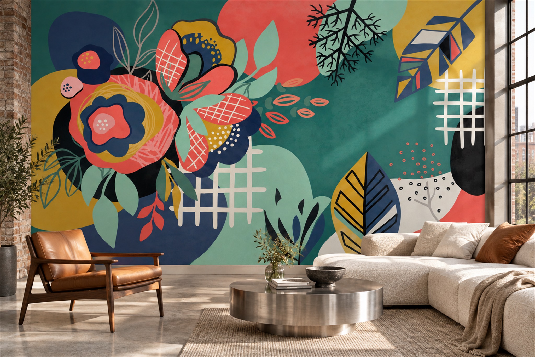 Teal Ground Coral Graphic Floral Wallpaper Mural — Wallpaper Mural Design, Peel-and-stick Finish