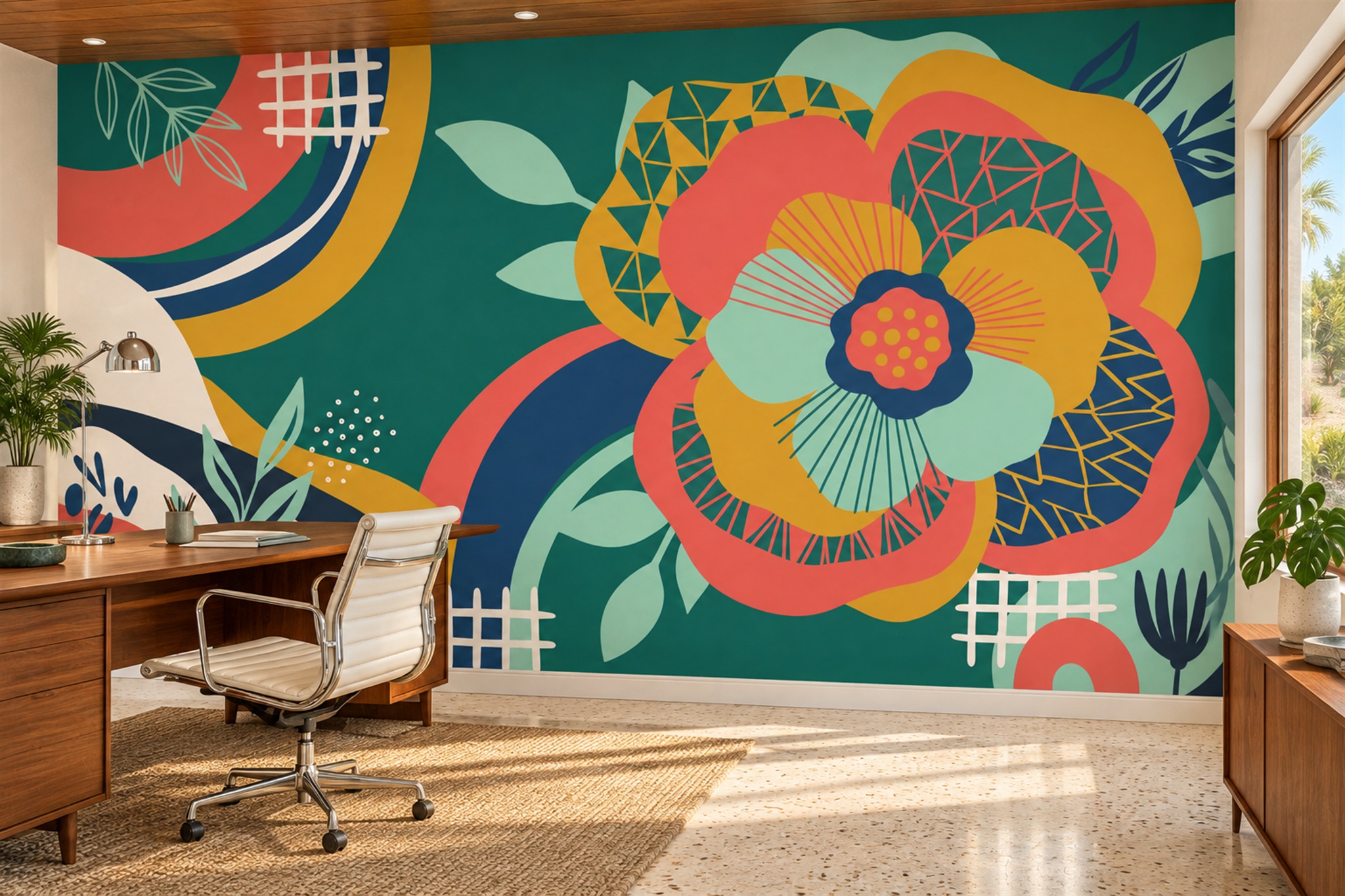 Oversized Coral And Teal Pop Art Flower Wallpaper Mural — Wallpaper Mural Design, Peel-and-stick Finish