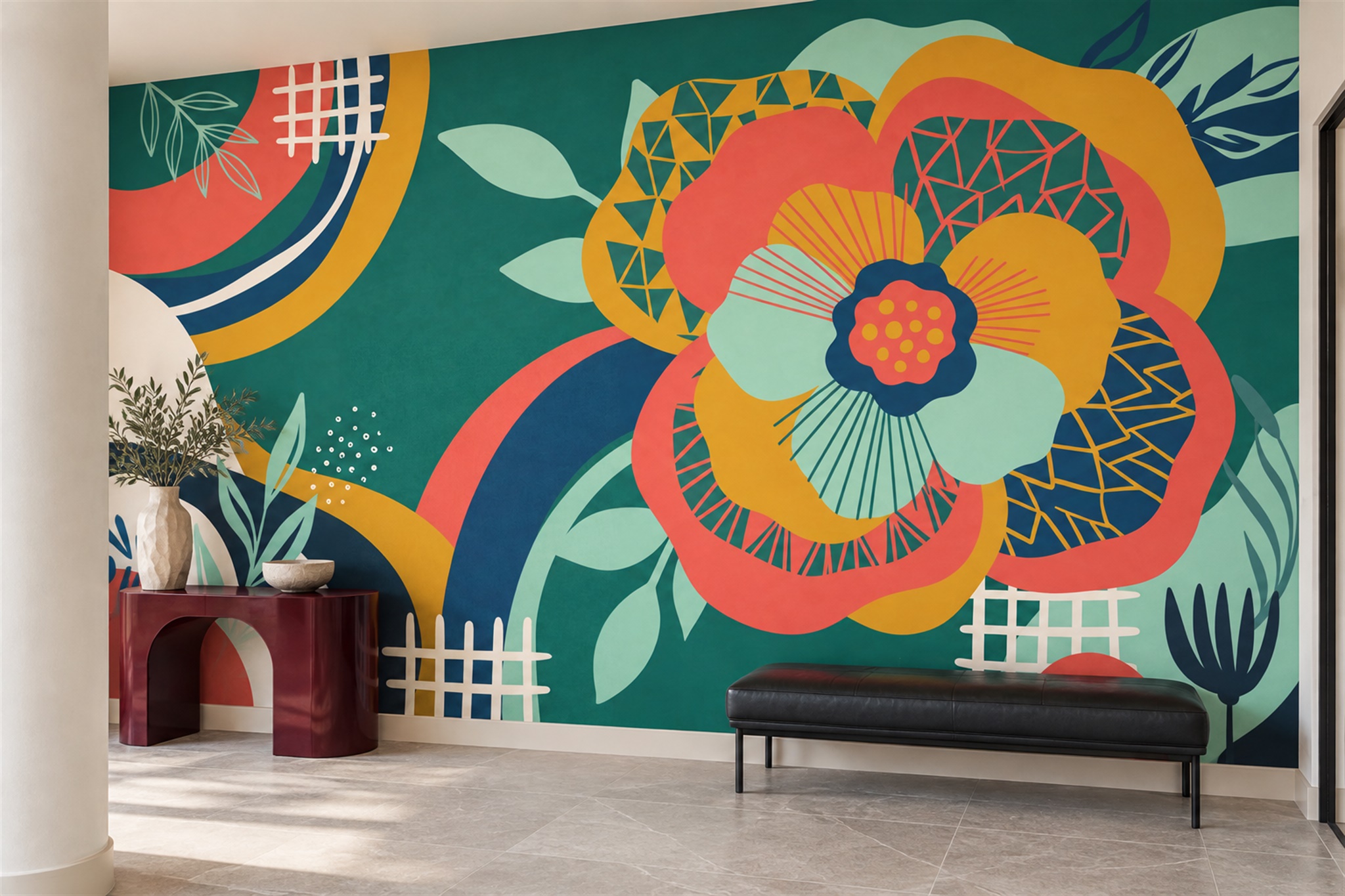 Orange Floral Botanical Layered Wallpaper Mural Entryway-wallpaper-murals, Peel-and-stick Finish