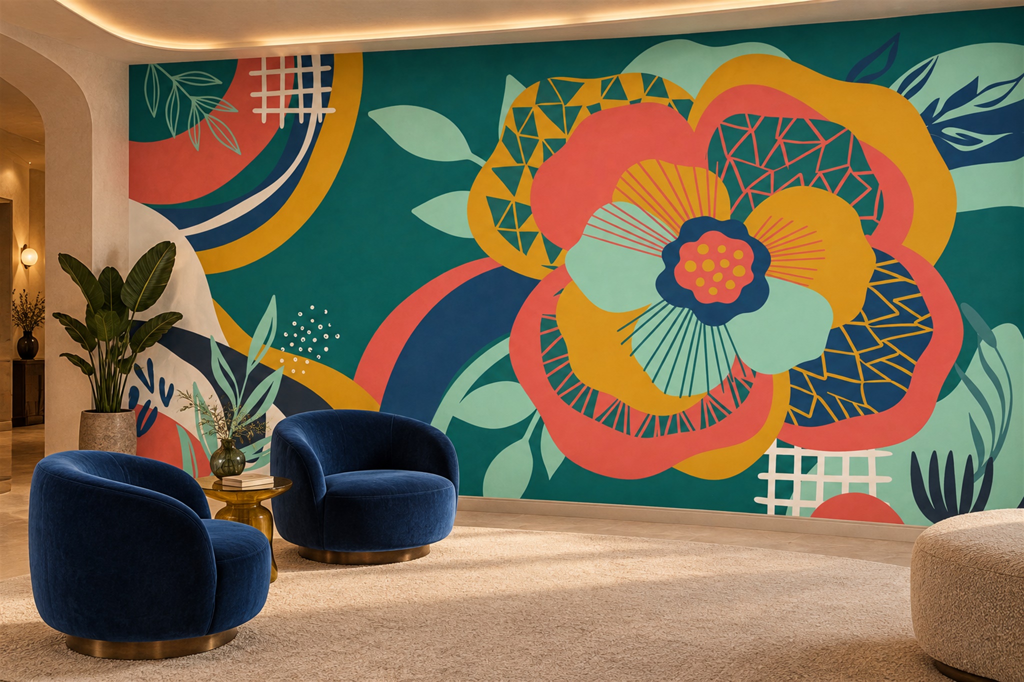 Orange Floral Botanical Layered Wallpaper Mural Accent-wall-wallpaper-murals, Peel-and-stick Finish