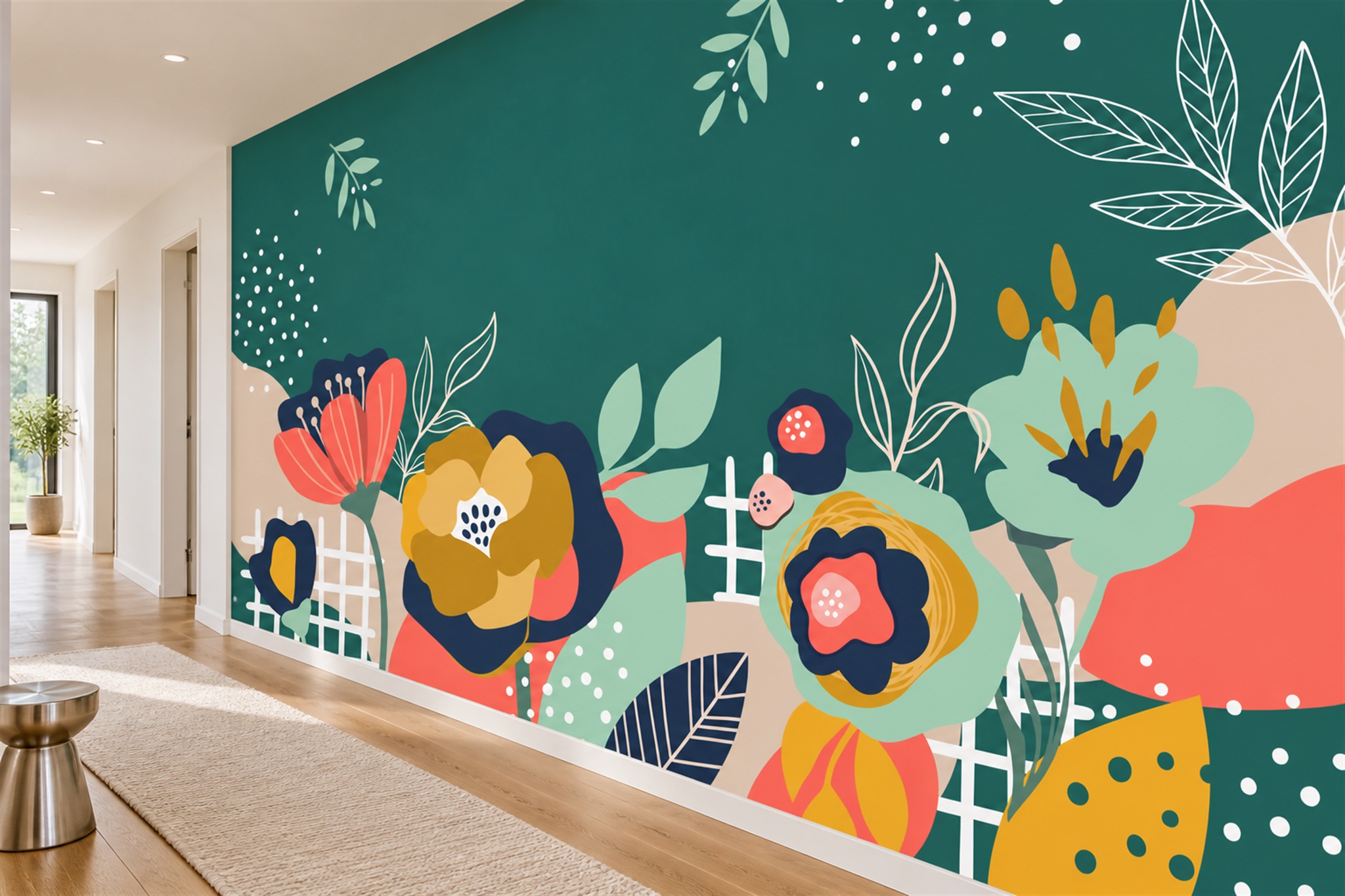 Teal Floral Botanical Painterly Wallpaper Mural Hallway-wallpaper-murals, Peel-and-stick Finish