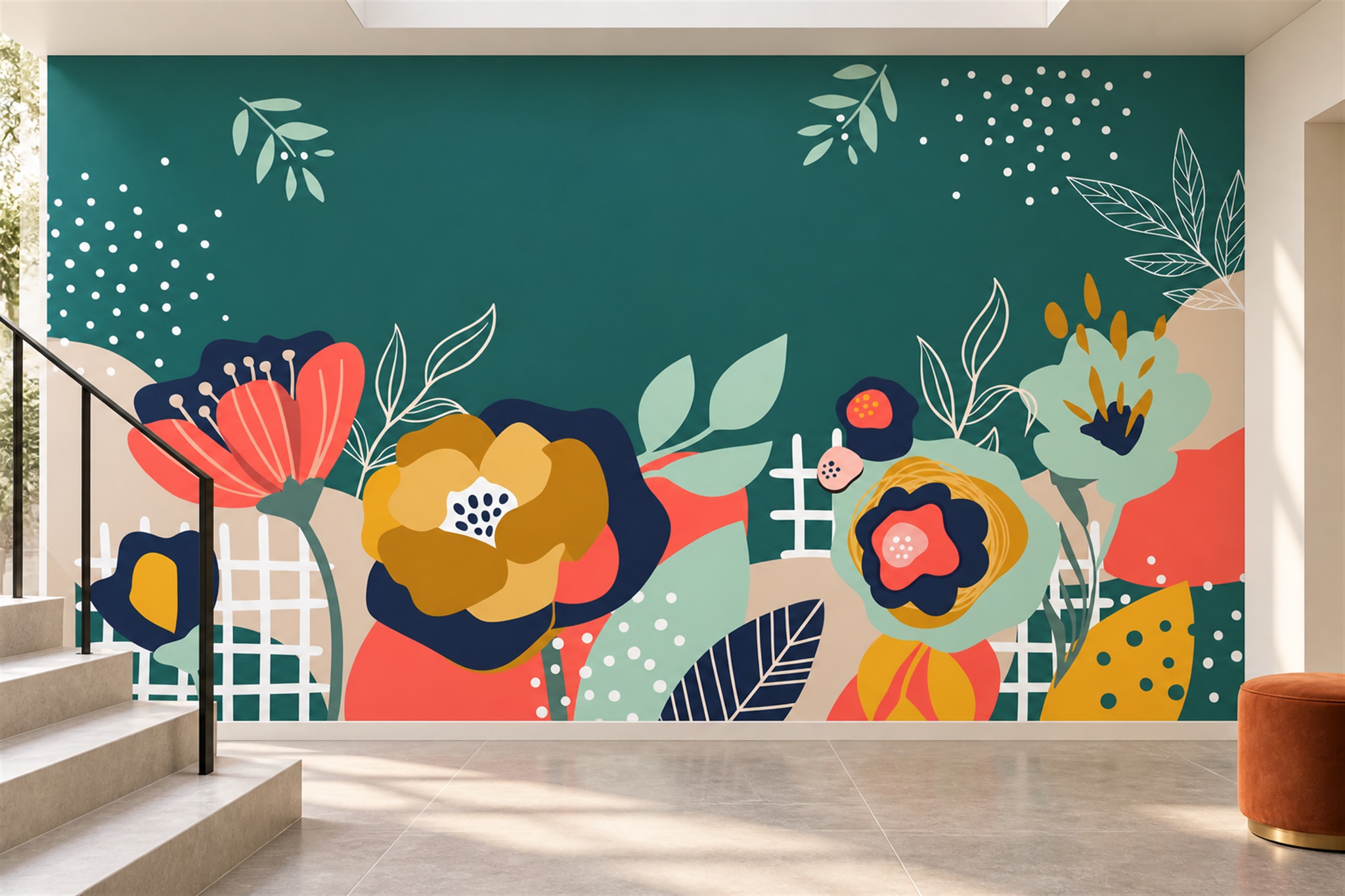 Teal Floral Botanical Painterly Wallpaper Mural Accent-wall-wallpaper-murals, Peel-and-stick Finish