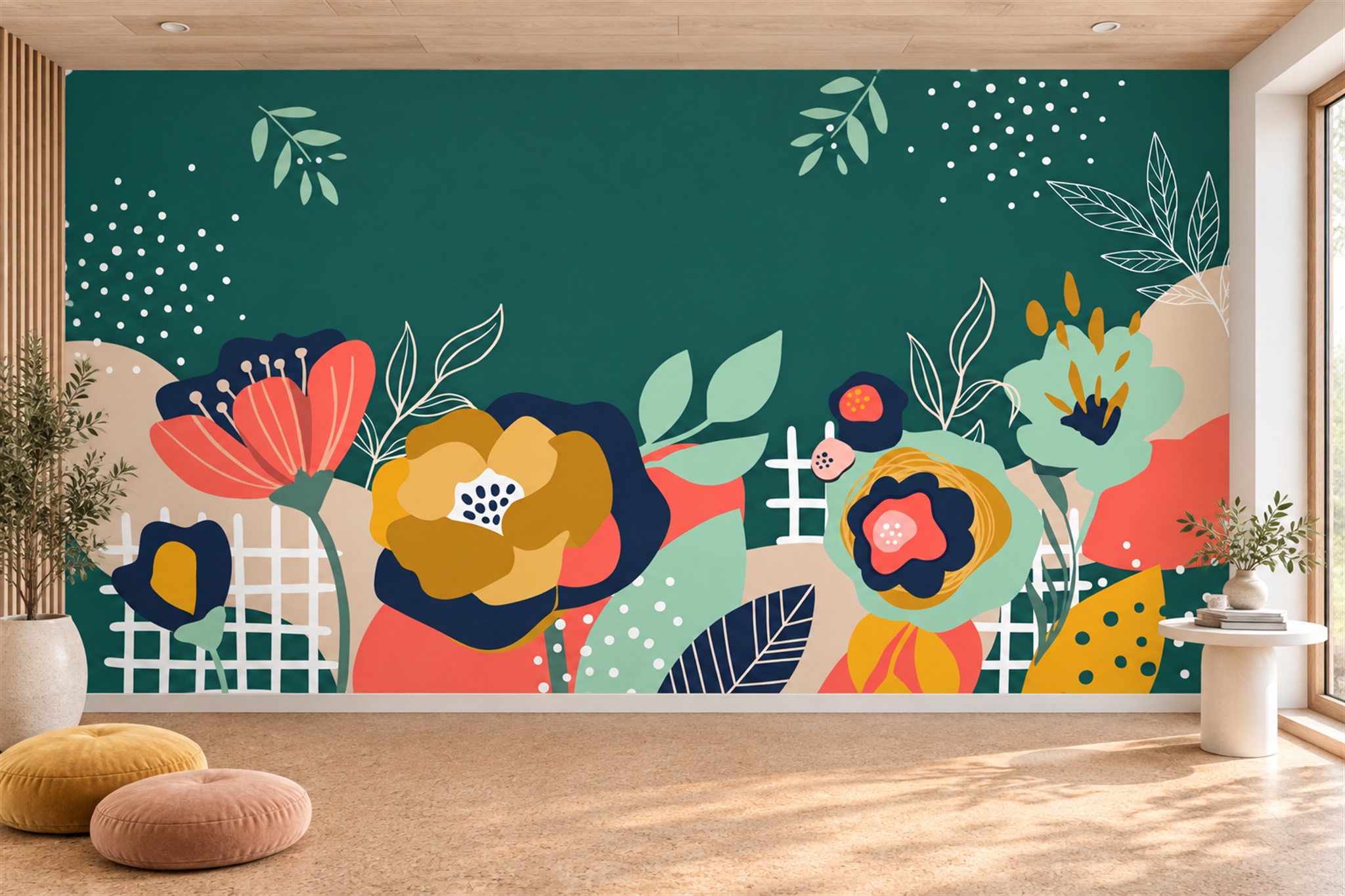Teal Graphic Garden Flowers And Foliage Wallpaper Mural — Wallpaper Mural Design, Peel-and-stick Finish